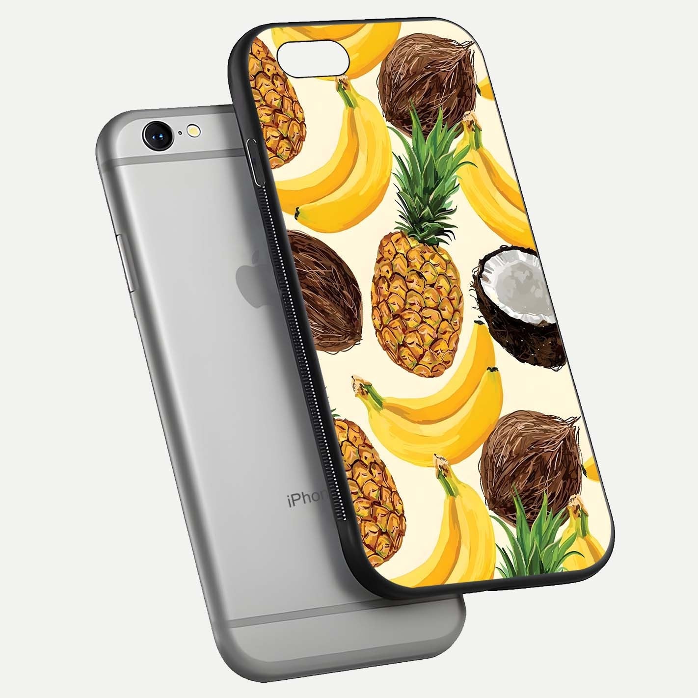 Tropical Fruit Mood Glass Case for iPhone 16 Pro floating dual-view mockup displaying gloss and vibrant colors