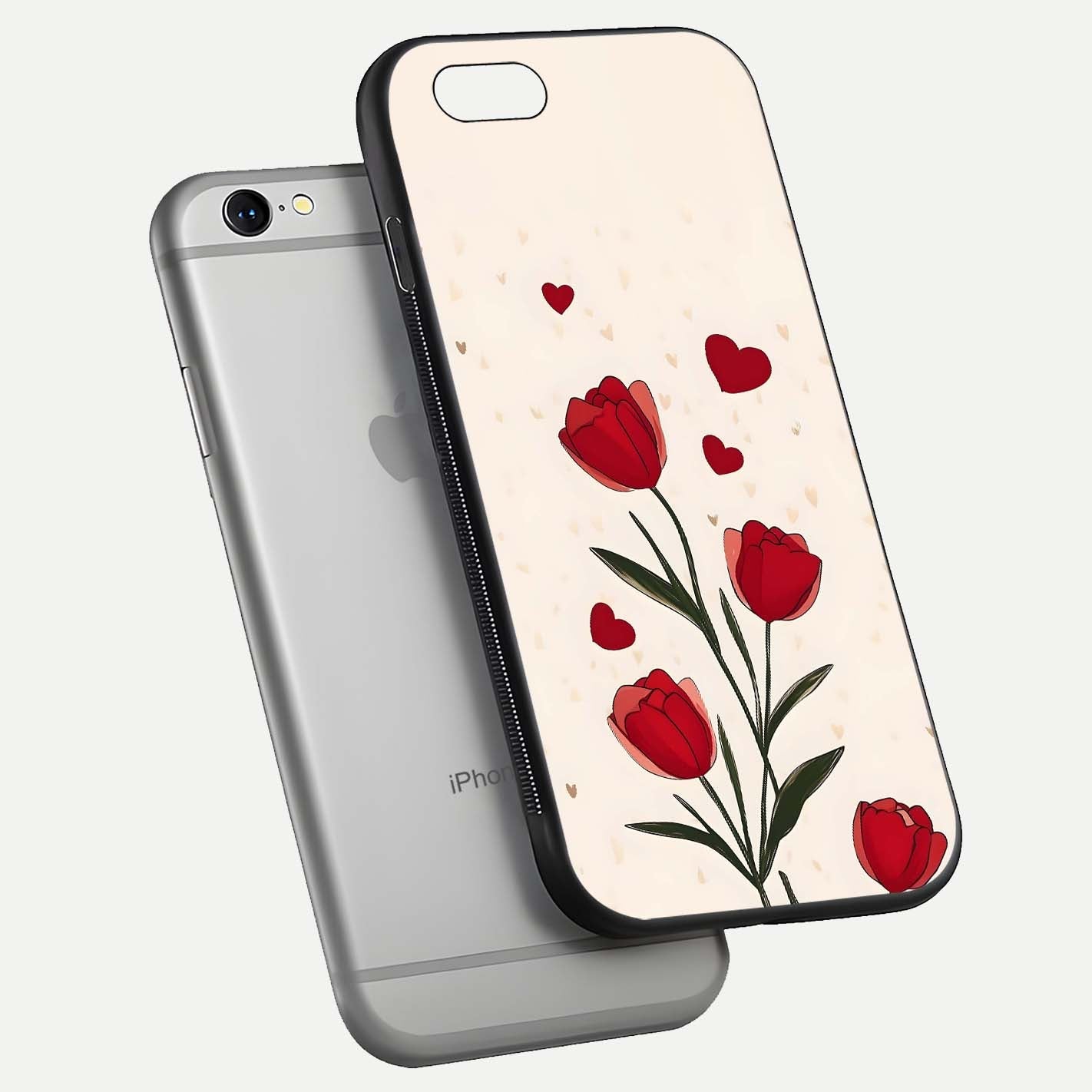 Tulip With Heart Glass Case for iPhone 16 Pro floating dual-view mockup displaying gloss texture and shine