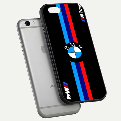 Turbo BMW Beast Glass Case for iPhone 16 Pro floating dual-view mockup displaying gloss texture and vivid print