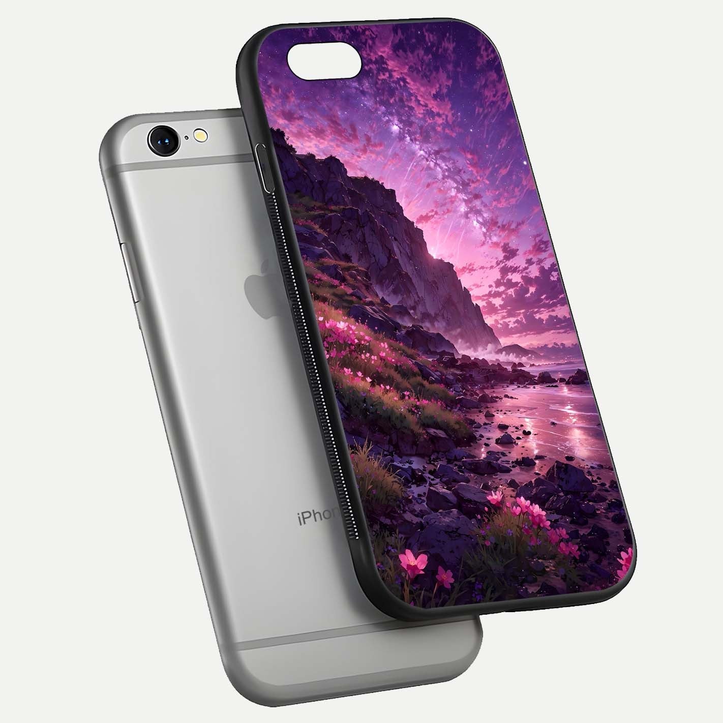 Twilight Blossom Coast Glass Case for iPhone 16 Pro floating dual-view mockup displaying gloss surface and detail