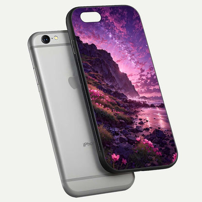 Twilight Blossom Coast Glass Case for iPhone 16 Pro floating dual-view mockup displaying gloss surface and detail