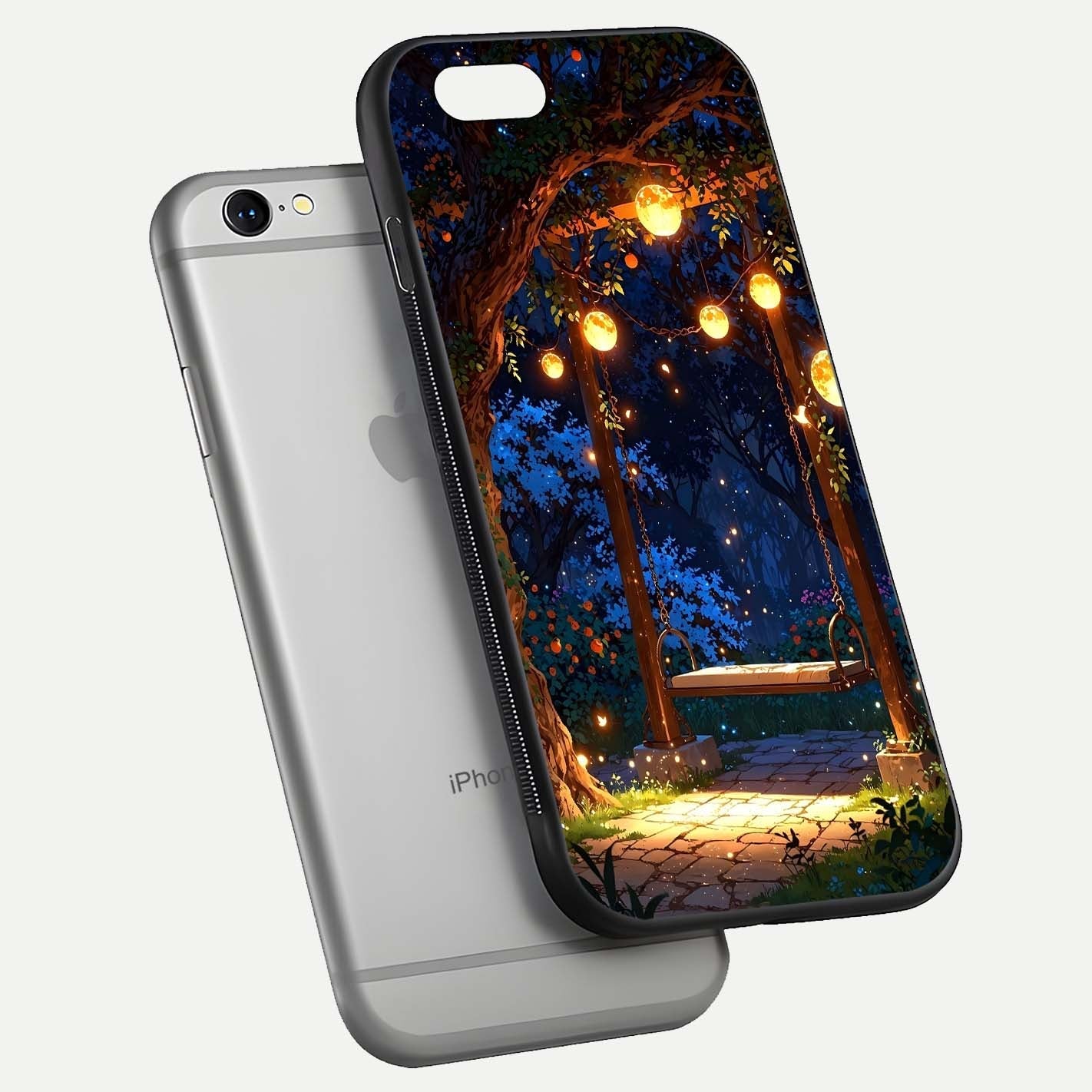 Twilight Garden Swing Glass Case for iPhone 16 Pro floating dual-view mockup displaying gloss and tone balance