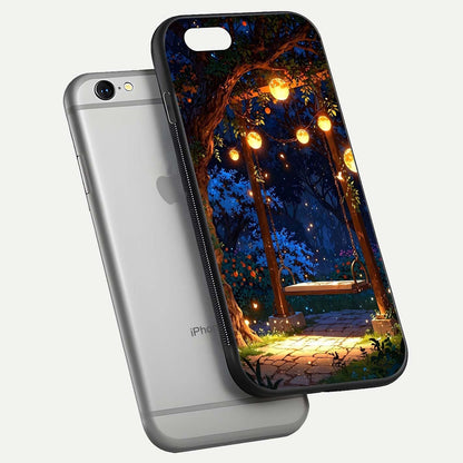 Twilight Garden Swing Glass Case for iPhone 16 Pro floating dual-view mockup displaying gloss and tone balance
