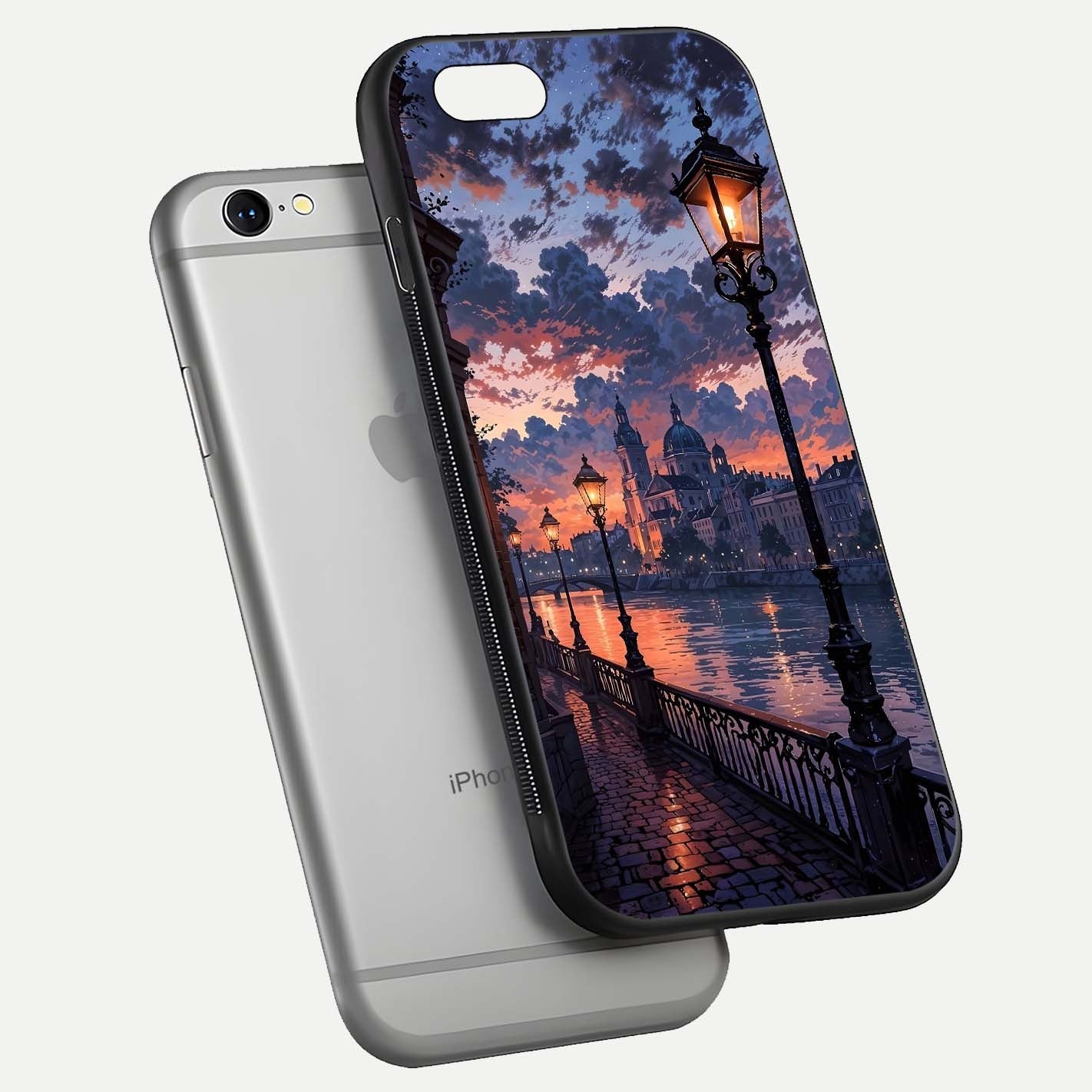 Twilight River Lights Glass Case for iPhone 16 Pro floating dual-view mockup displaying gloss shine and vivid details
