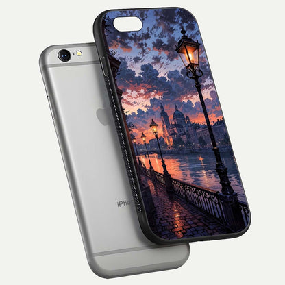 Twilight River Lights Glass Case for iPhone 16 Pro floating dual-view mockup displaying gloss shine and vivid details