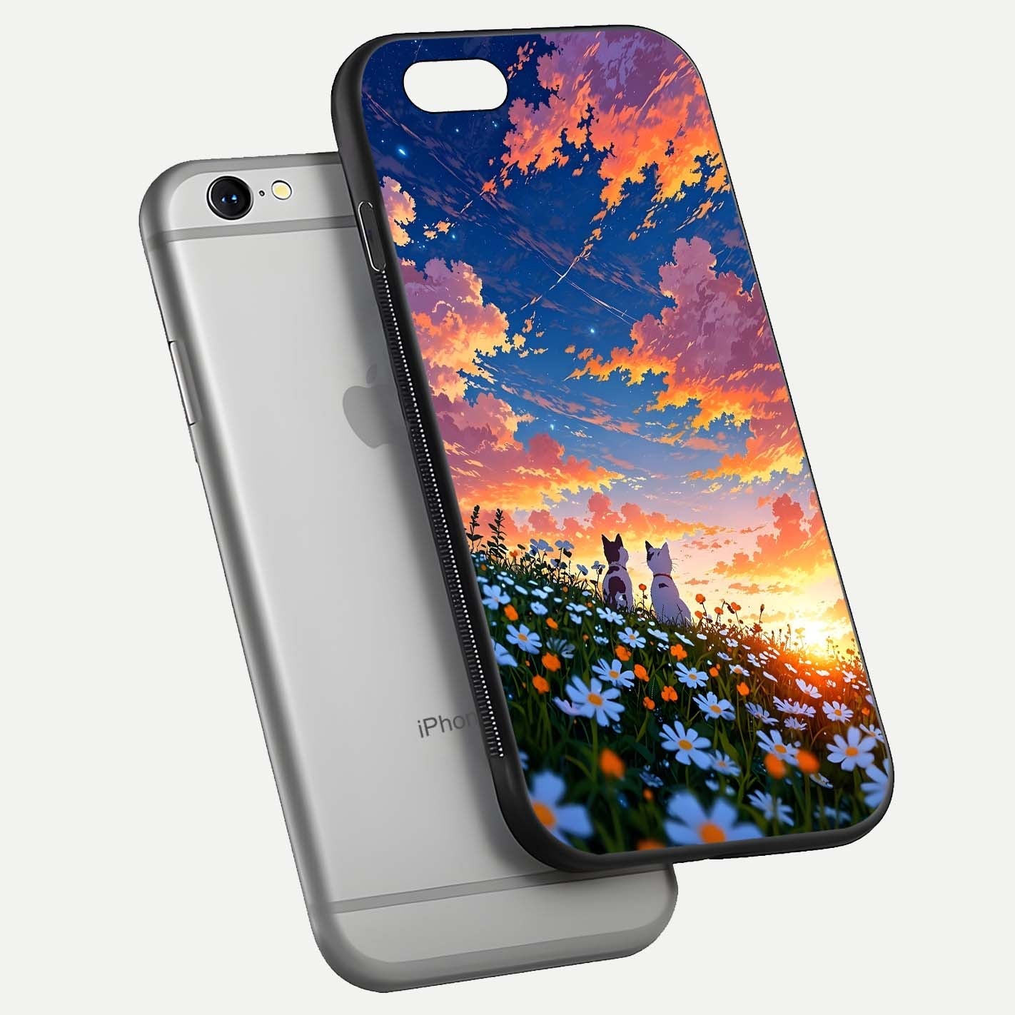 Two Cats Friends Glass Case for iPhone 16 Pro floating dual-view mockup displaying gloss surface and HD print