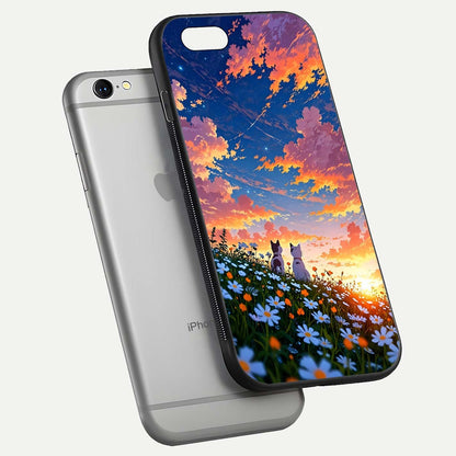 Two Cats Friends Glass Case for iPhone 16 Pro floating dual-view mockup displaying gloss surface and HD print