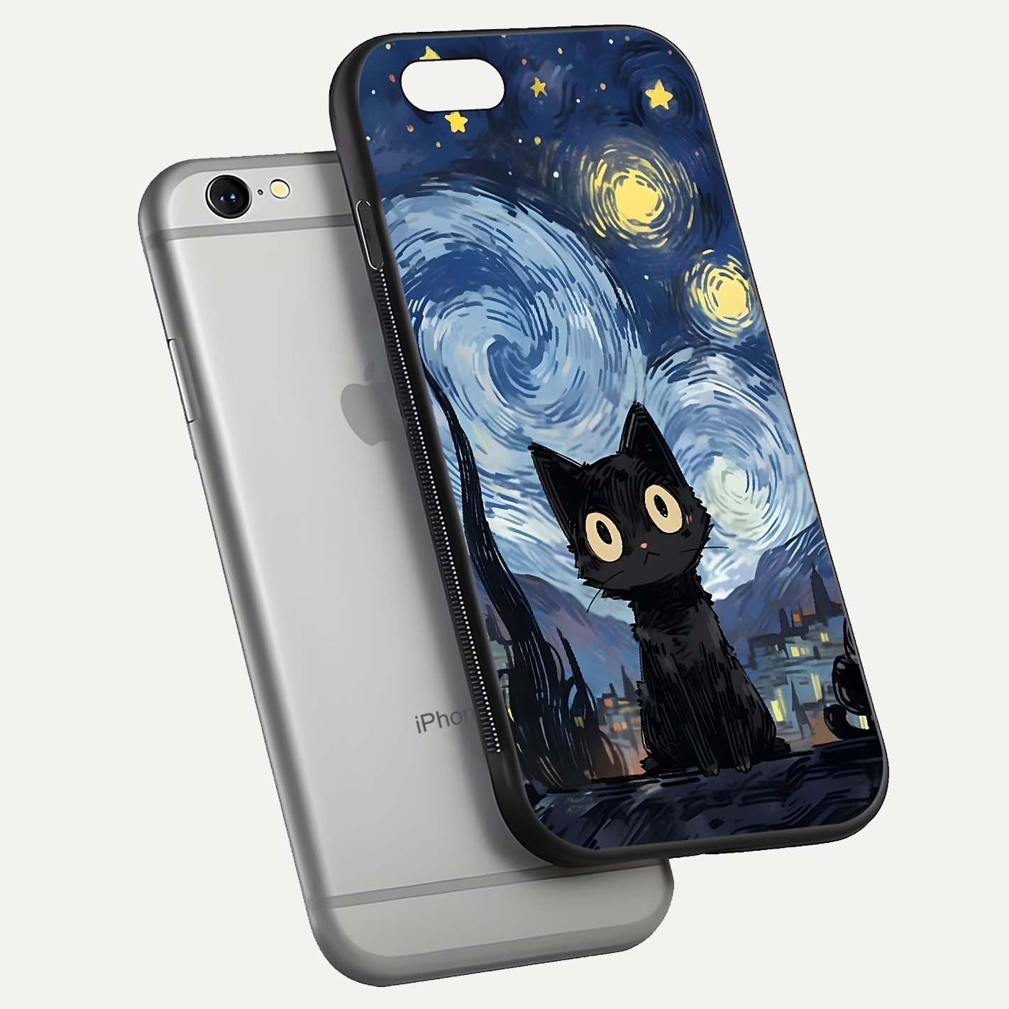 Van Gogh Cat Glass Case for iPhone 16 Pro floating dual-view mockup displaying gloss shine and artistic texture