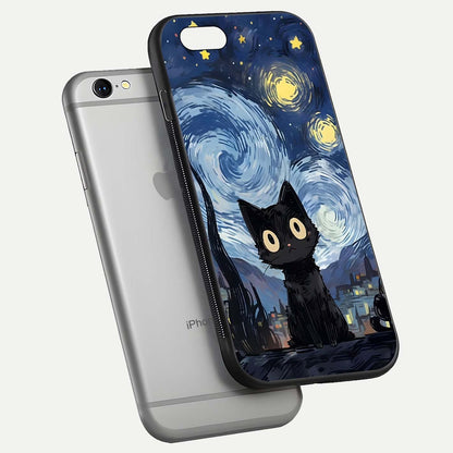 Van Gogh Cat Glass Case for iPhone 16 Pro floating dual-view mockup displaying gloss shine and artistic texture