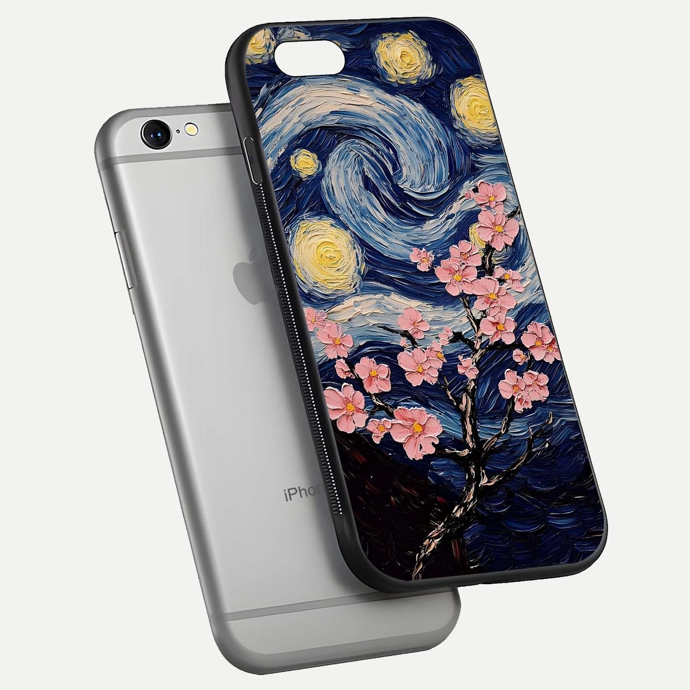 Van Gogh Scenery Glass Case for iPhone 16 Pro floating dual-view mockup displaying gloss reflection and HD quality