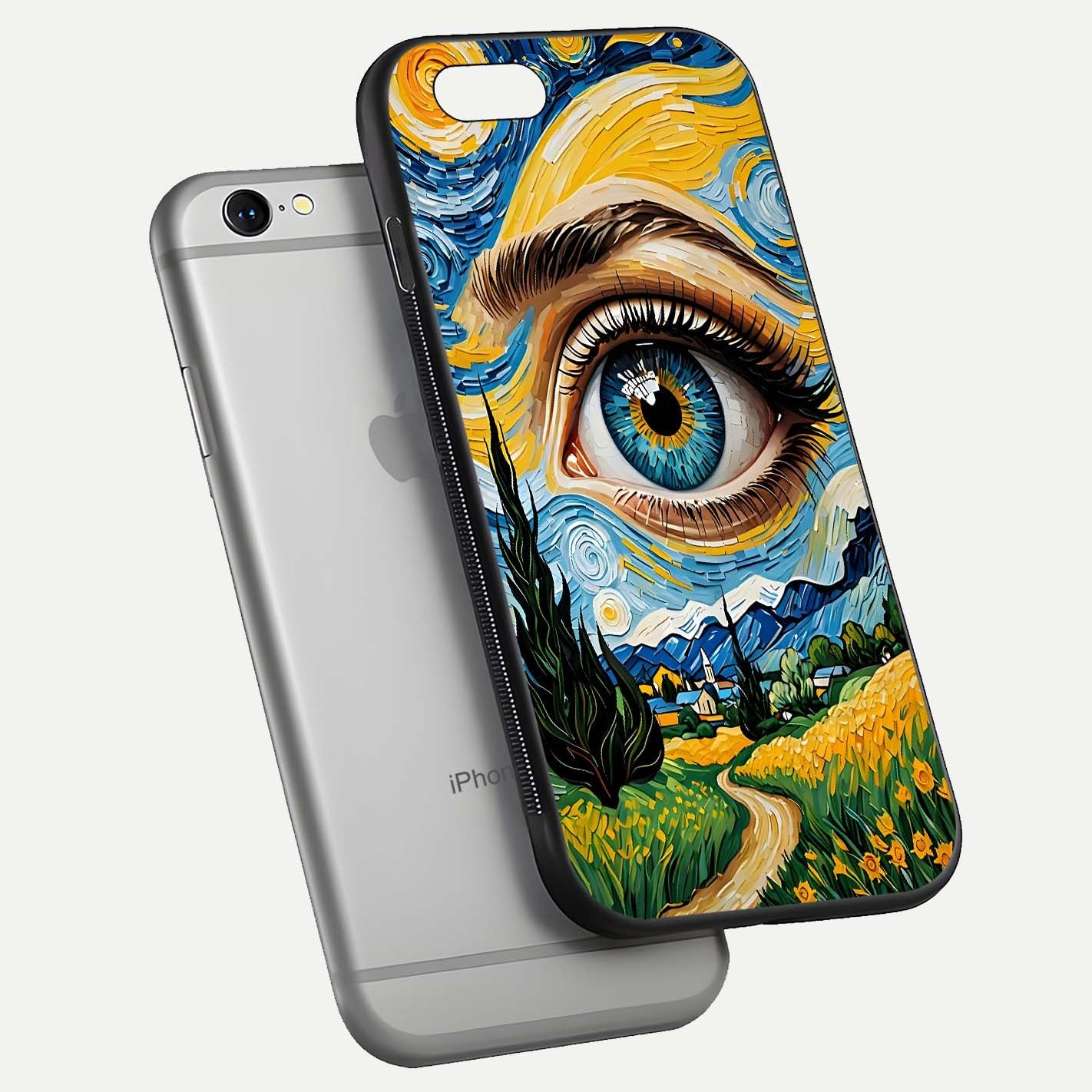 Van Gogh Eye Glass Case for iPhone 16 Pro floating dual-view mockup displaying gloss texture and depth