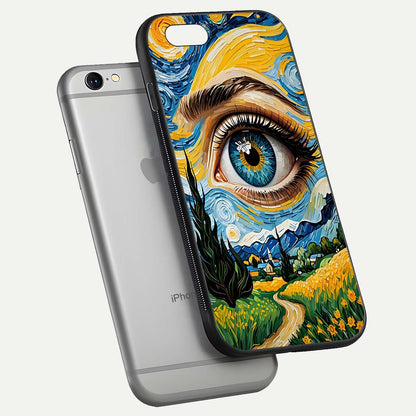 Van Gogh Eye Glass Case for iPhone 16 Pro floating dual-view mockup displaying gloss texture and depth