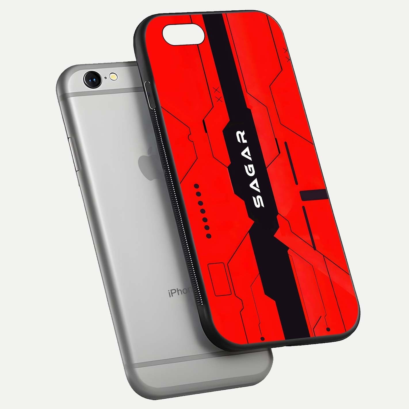 Voltage Rise CYBERPUNK Custom Name Glass Case for iPhone 16 Pro floating dual-view mockup displaying gloss shine and lighting