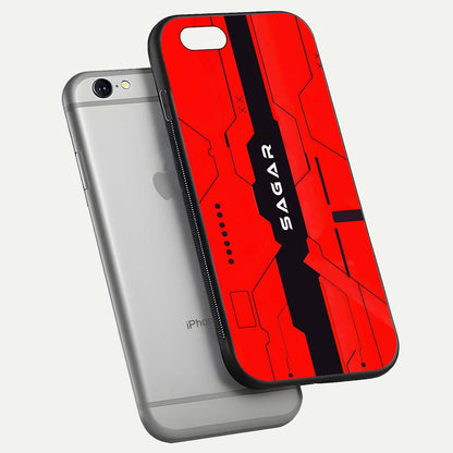 Voltage Rise CYBERPUNK Custom Name Glass Case for iPhone 16 Pro floating dual-view mockup displaying gloss shine and lighting