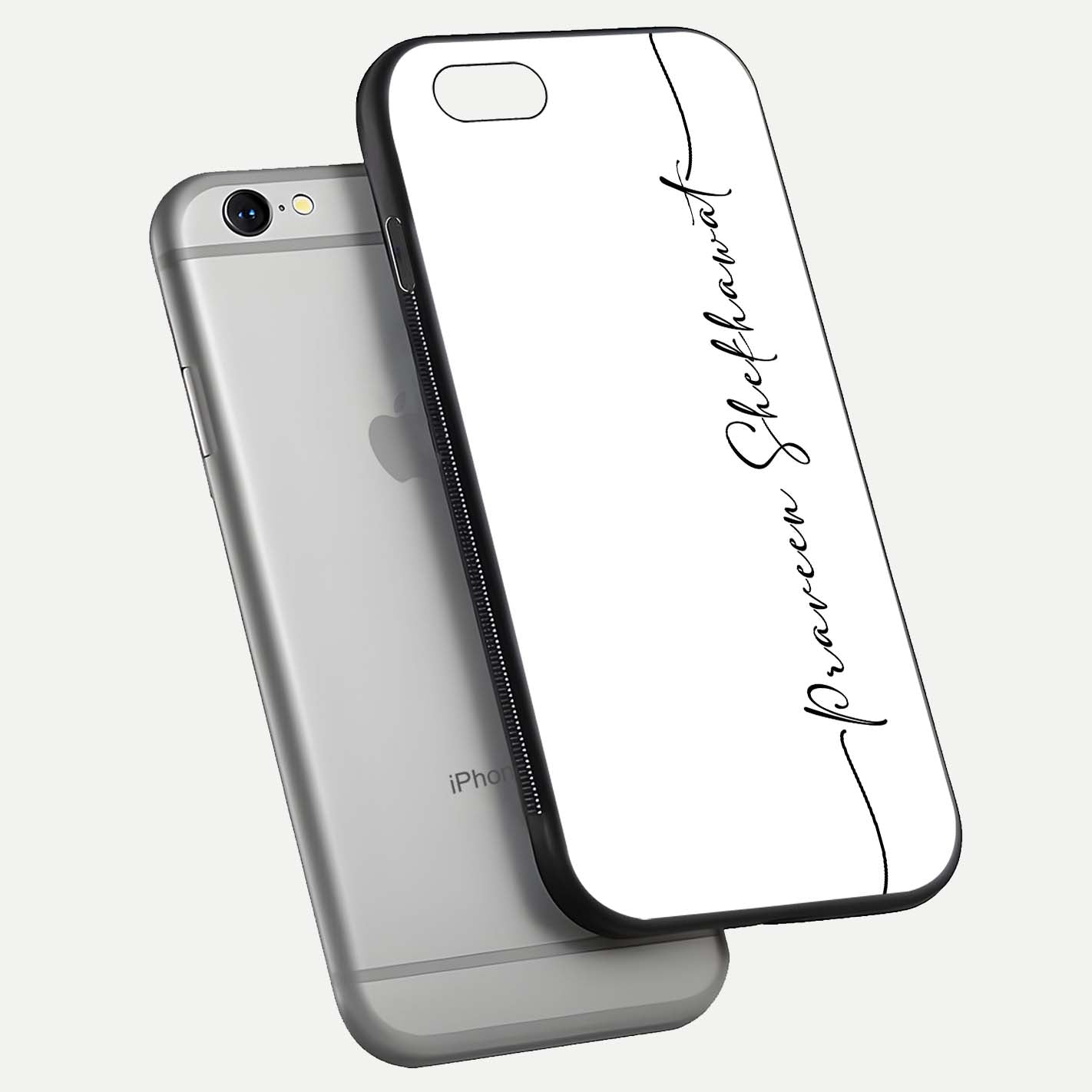 White Tune Custom Name Glass Case for iPhone 16 Pro floating dual-view mockup displaying gloss and HD detail