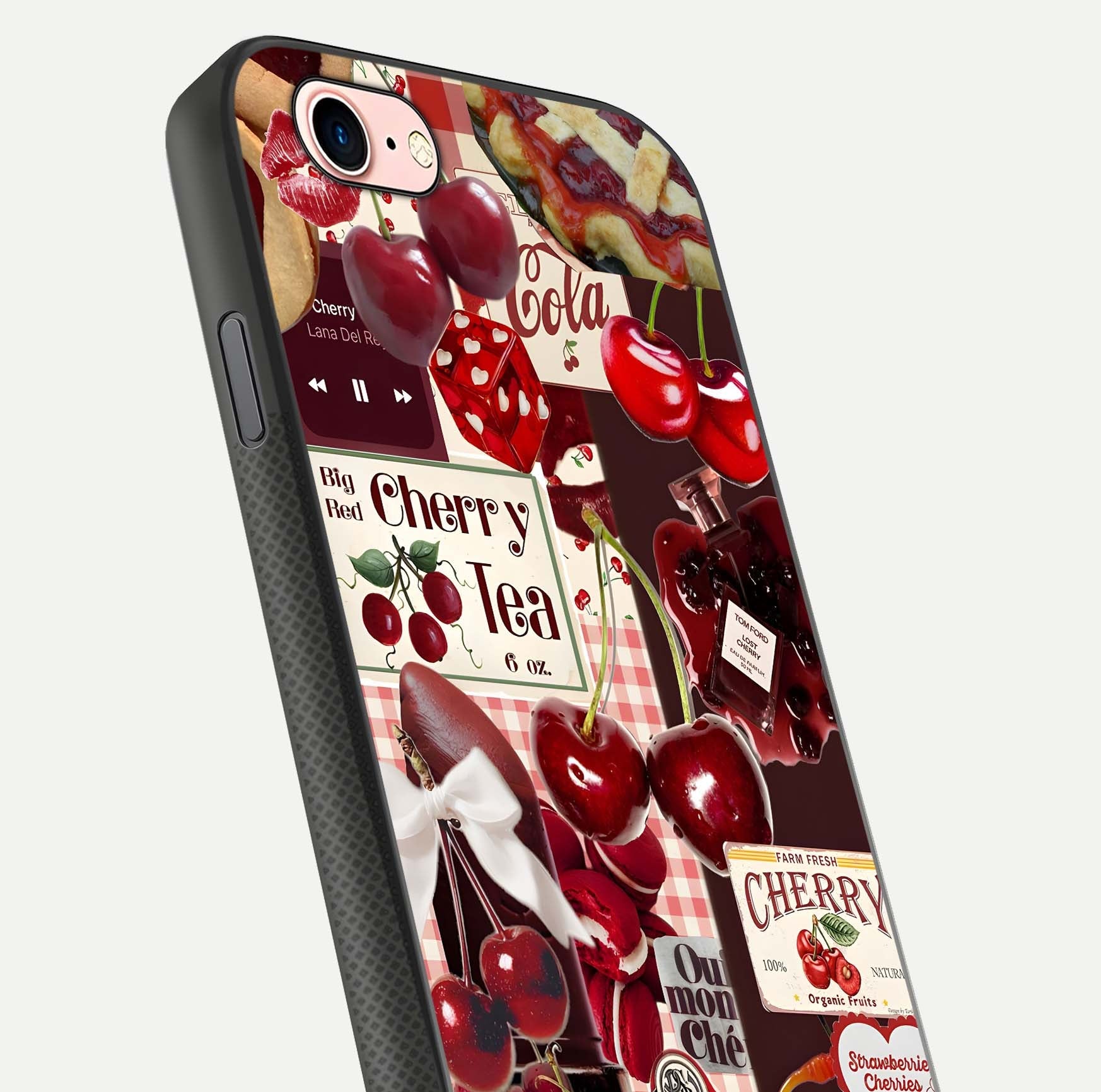 Aesthetic Cherry Tea Glass Case for iPhone 16 Pro close-up angled shot showing detailed cherry artwork, red tones, and gloss reflection
