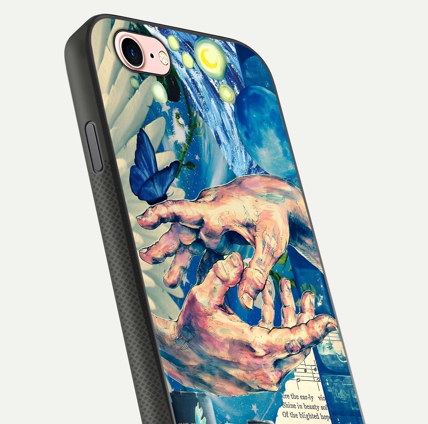 Aesthetic Divider Glass Case for iPhone 16 Pro close-up angled shot showing detailed divider artwork and gloss reflection