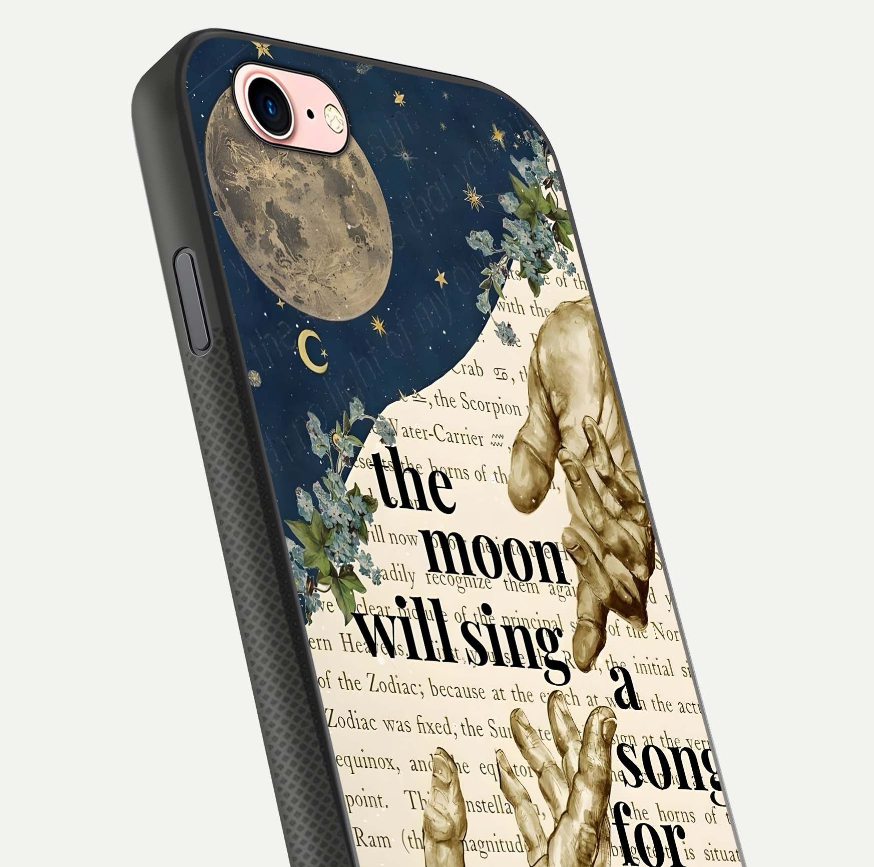 Aesthetic Divine Glass Case for iPhone 16 Pro close-up angled shot showing detailed divine artwork and gloss reflection