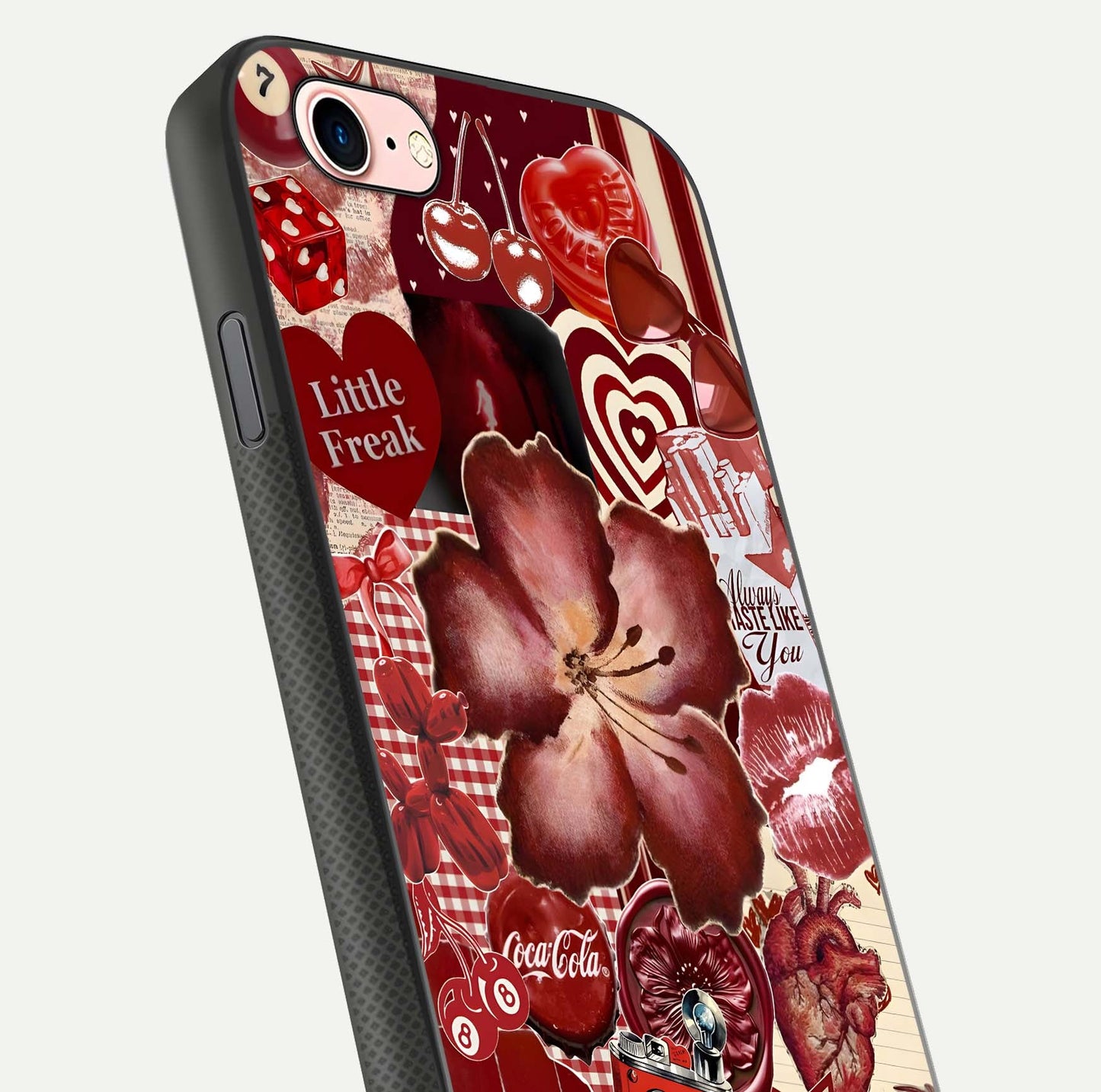 Aesthetic Little Freak Glass Case for iPhone 16 Pro close-up angled shot showing detailed artwork, bold design, and gloss reflection