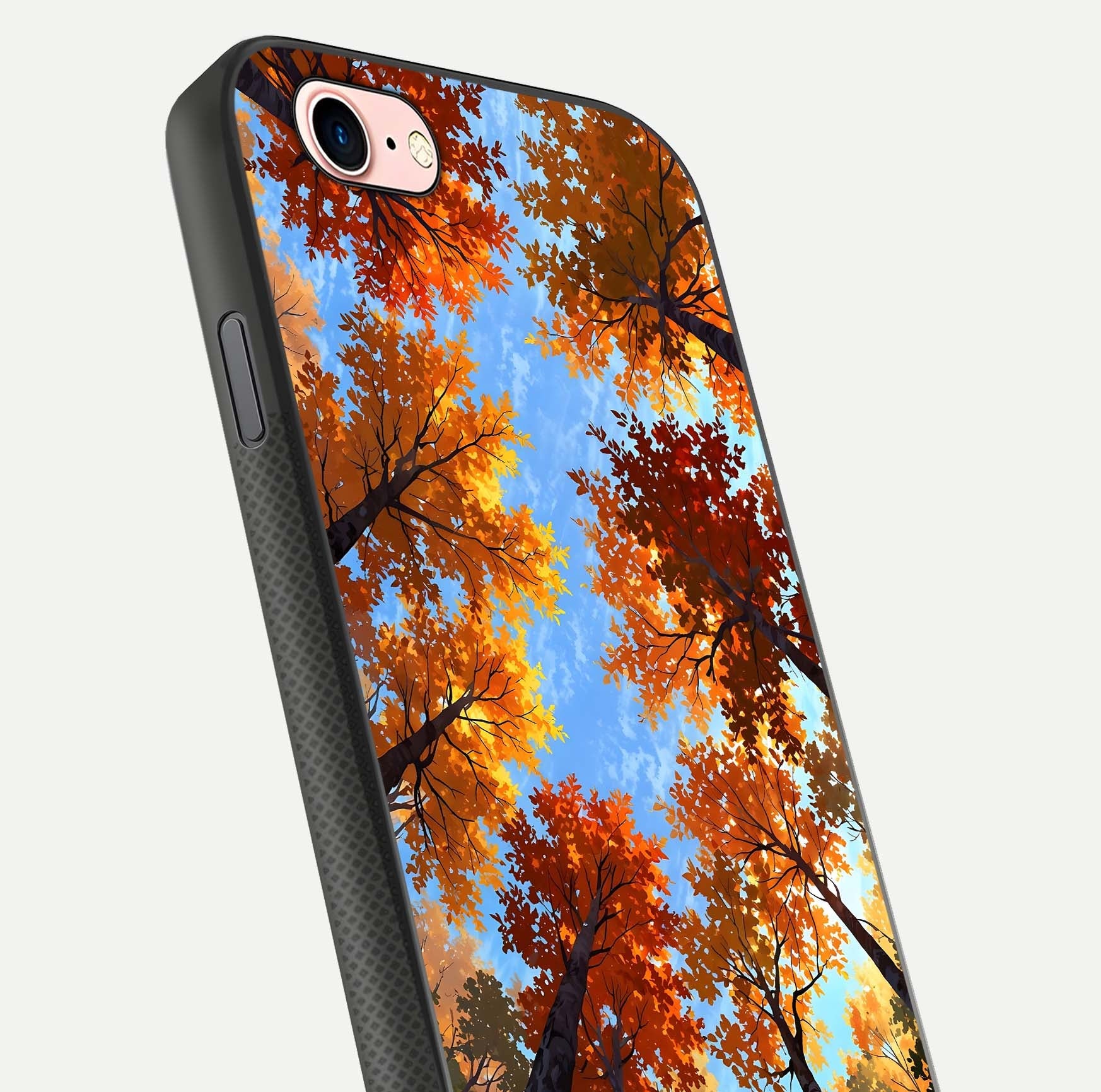 Autumn Sky Rise Glass Case for iPhone 16 Pro close-up shot of autumn tone details and HD shine reflection