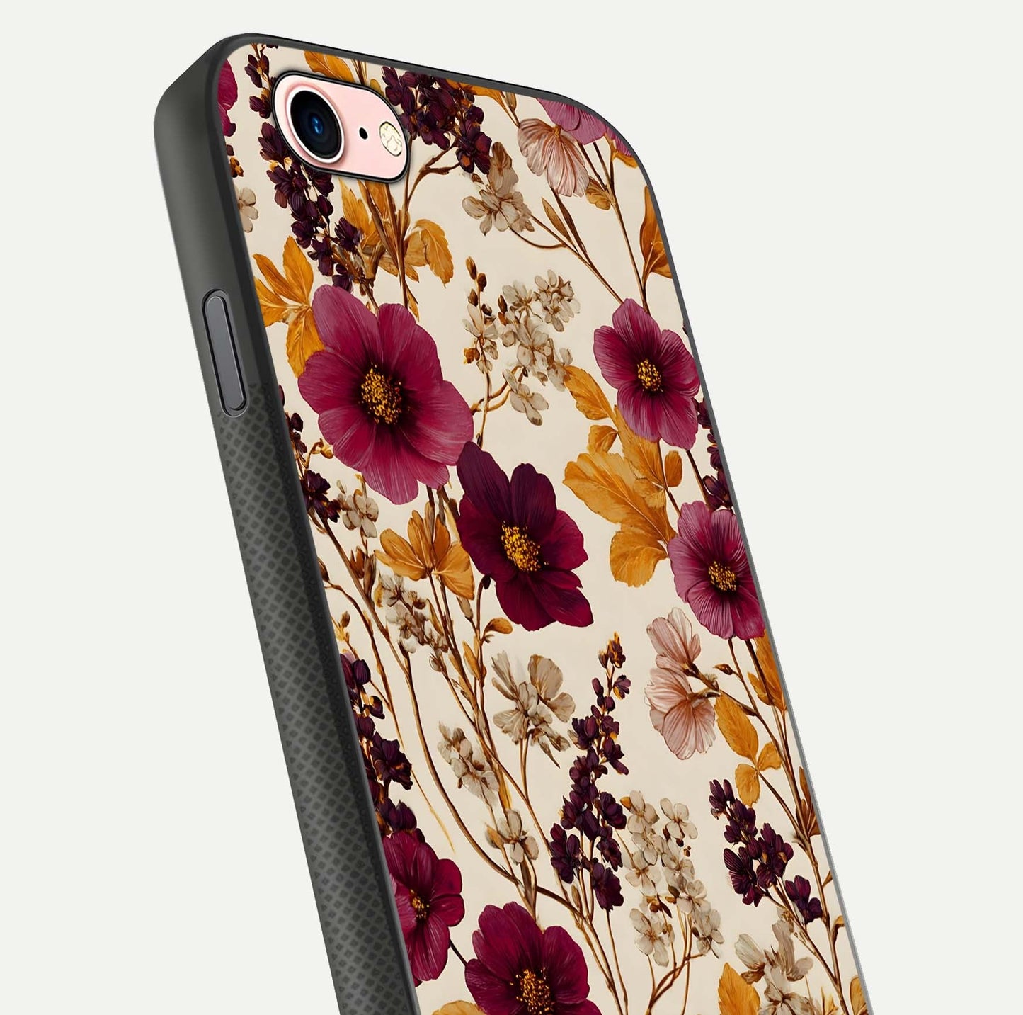 Autumn Wine Bloom Glass Case for iPhone 16 Pro close-up highlighting petal detail and gloss reflection