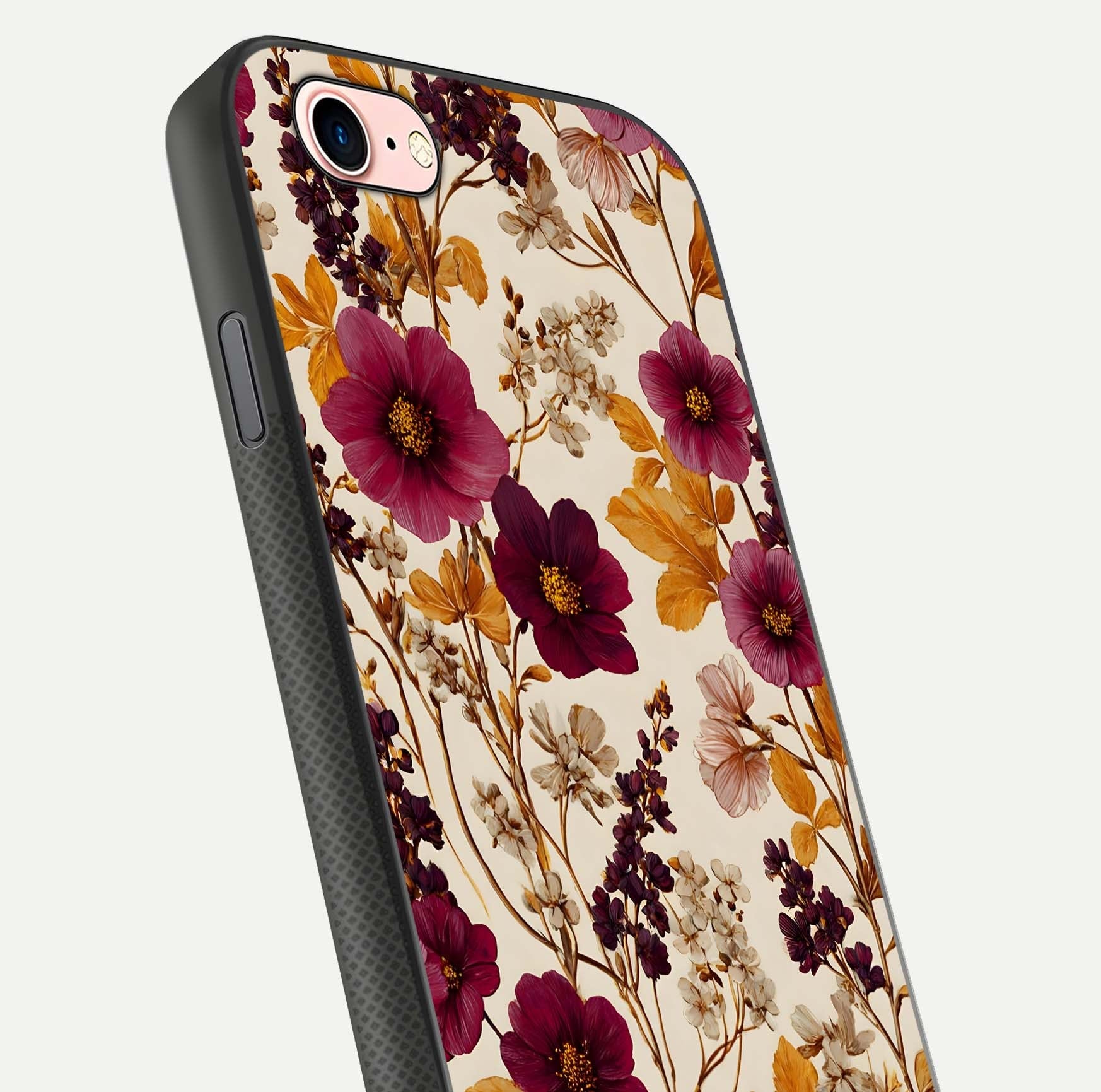 Autumn Wine Bloom Glass Case for iPhone 16 Pro close-up highlighting petal detail and gloss reflection
