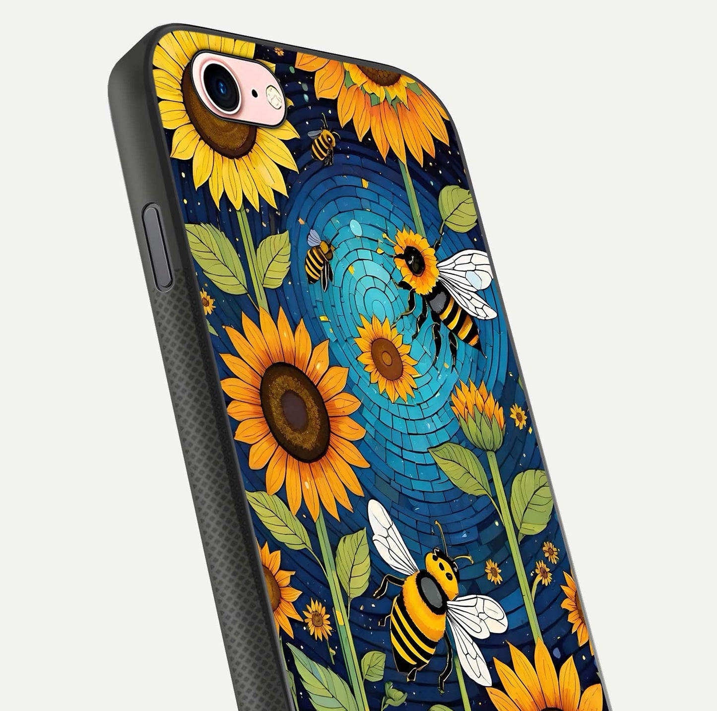 Bees & Sunflowers Glass Case for iPhone 16 Pro close-up angled shot showing detailed petals, bee prints, and glass reflection