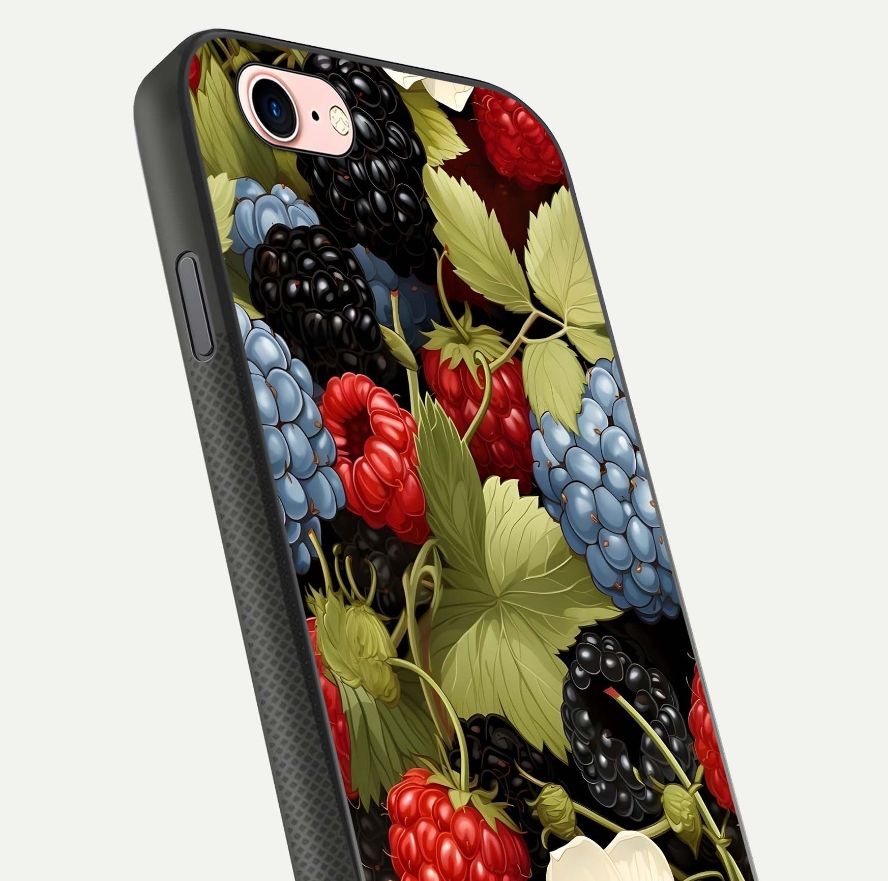Berry Bloom Charm Glass Case for iPhone 16 Pro close-up view highlighting berry color tones and fine petal detailing
