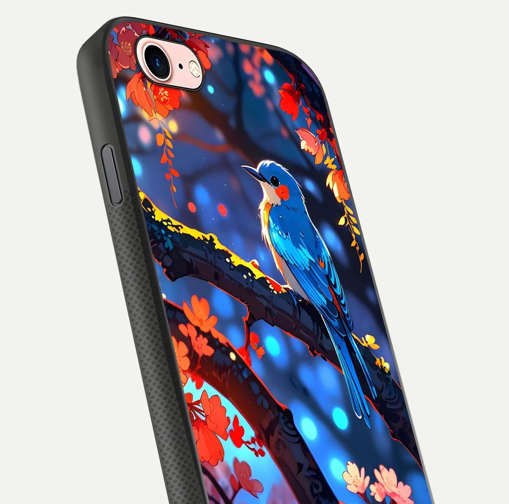 Blooming Spendor Bird Glass Case for iPhone 16 Pro close-up shot highlighting bird design details and glossy shine