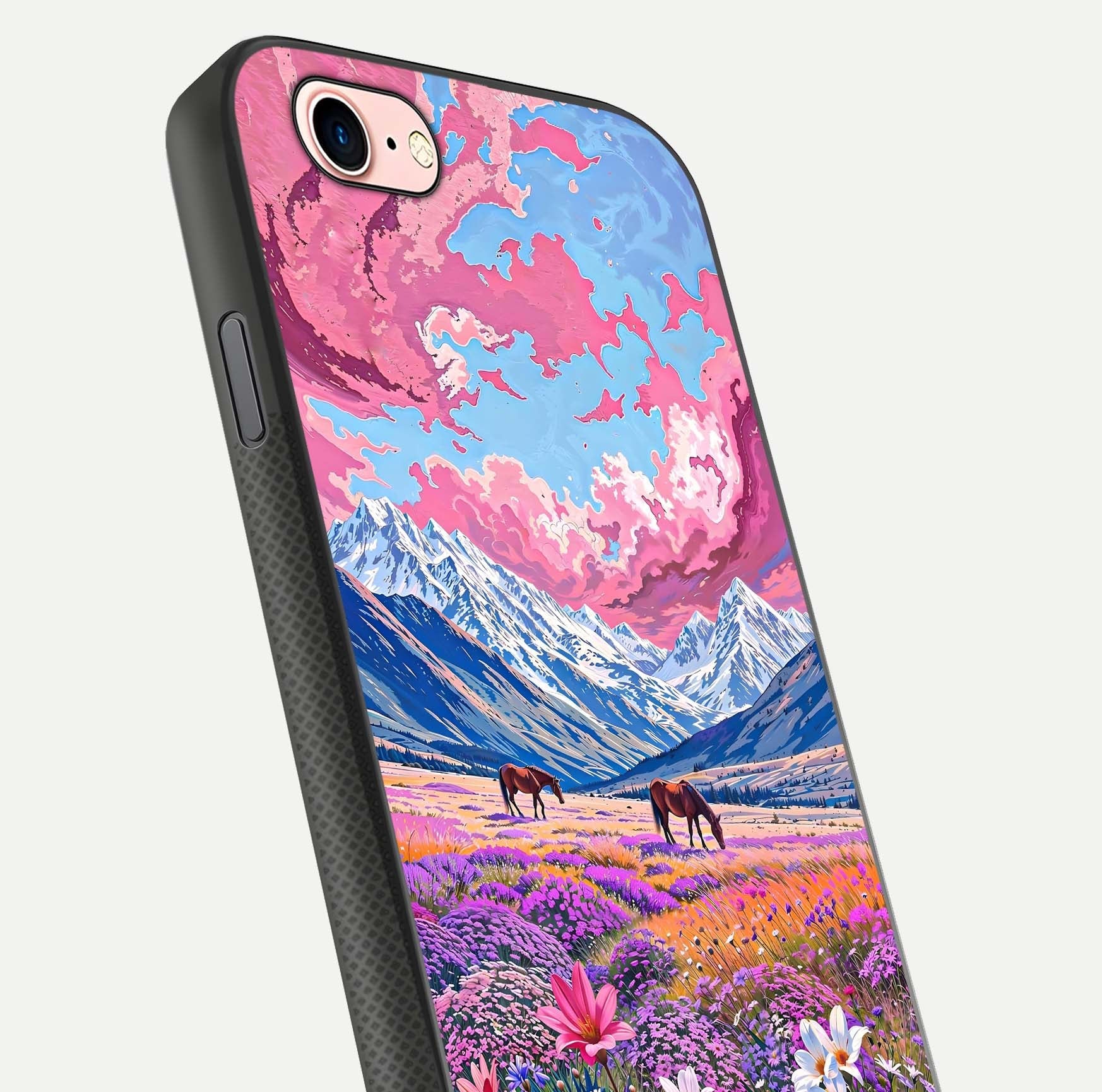 Blossom Valley Dream Glass Case for iPhone 16 Pro close-up view showing detailed flower print and pastel hues
