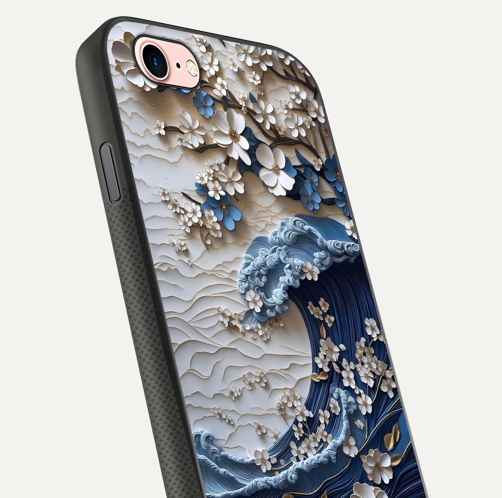 Blossom Wave Art Glass Case for iPhone 16 Pro close-up shot highlighting wave motion in floral art and reflection
