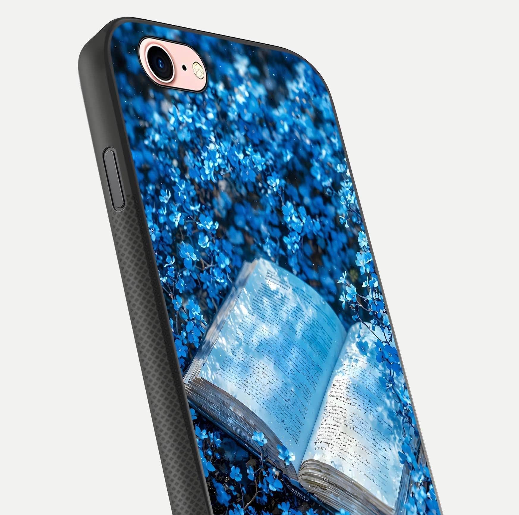 Blue Bloom Tales Glass Case for iPhone 16 Pro close-up angle showing petal texture and blue tone reflection