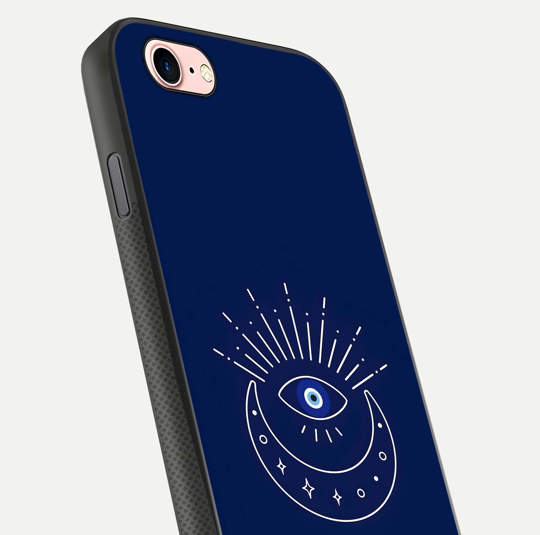 Blue Evil Eye Glass Case for iPhone 16 Pro close-up shot highlighting eye motif, protection symbol, and glass shine