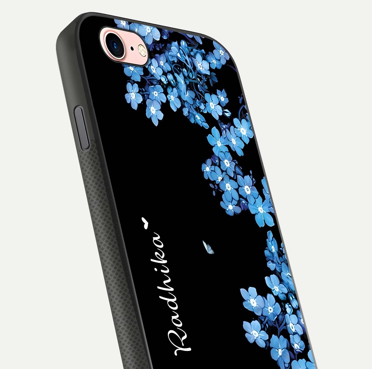 Blue Petal Dream Custom Name Glass Case for iPhone 16 Pro close-up highlighting petal texture and gloss reflection