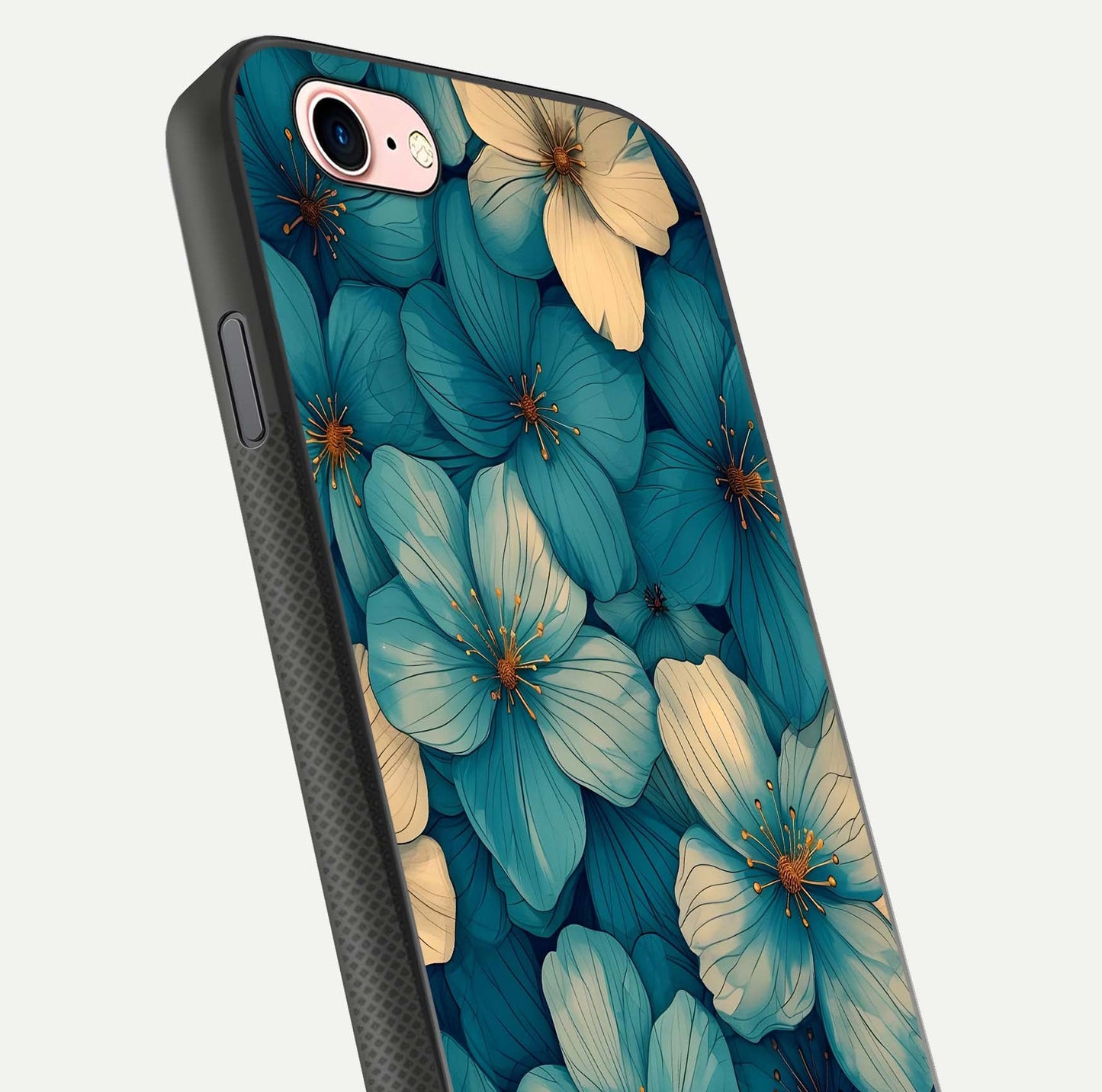 Blue Shade Floral Glass Case for iPhone 16 Pro close-up angle showing flower print precision and reflection