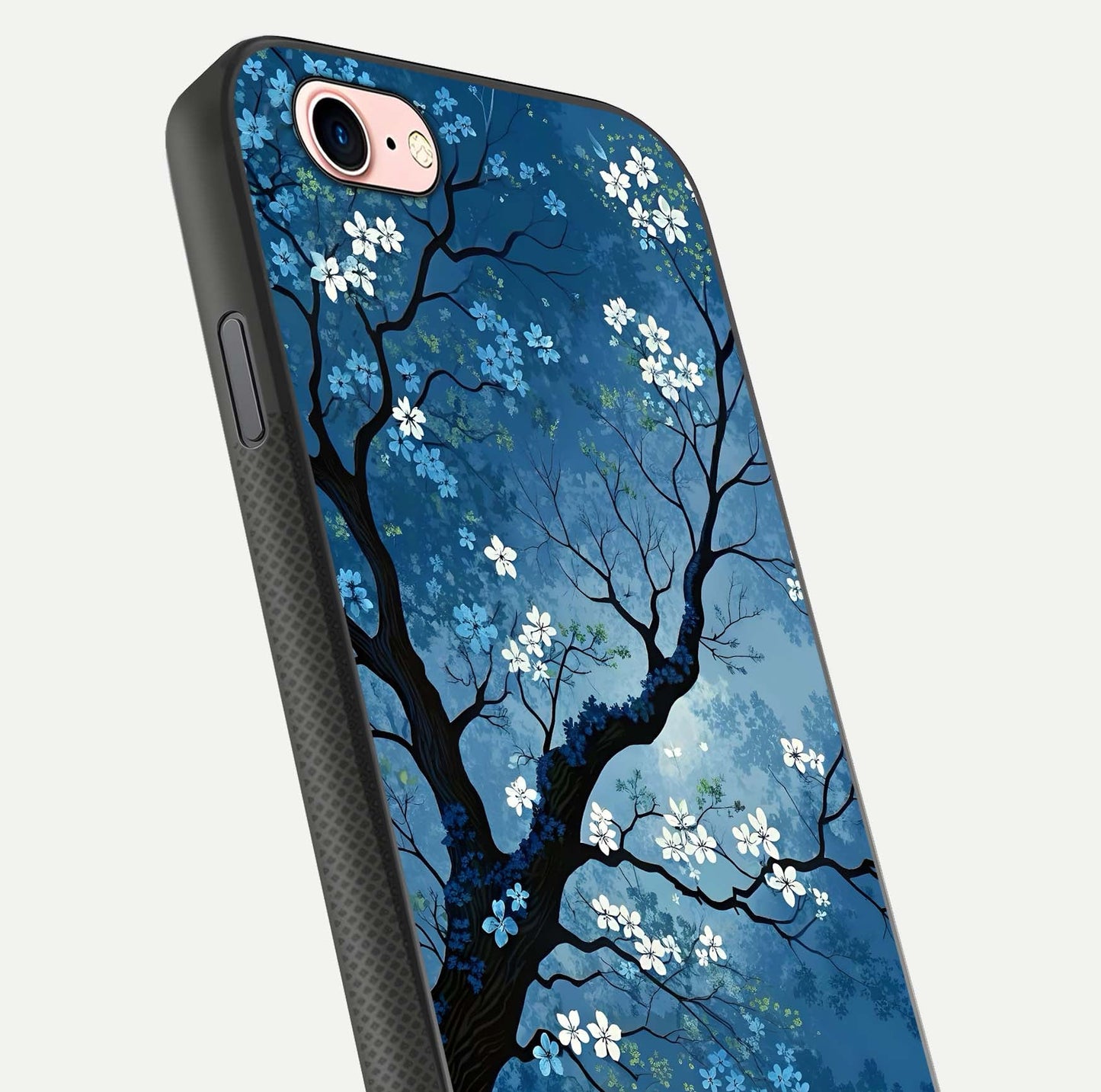 Blue Tree Serenity Glass Case for iPhone 16 Pro close-up view highlighting tree branches and reflection gloss