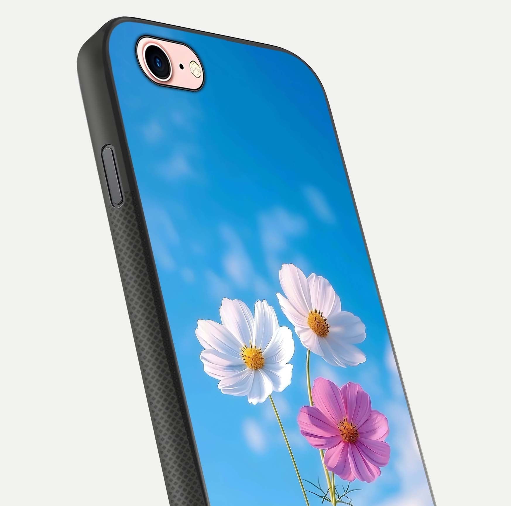 Triple Flowers With Sky Glass Case for iPhone 16 Pro close-up angled shot highlighting petal and reflection details