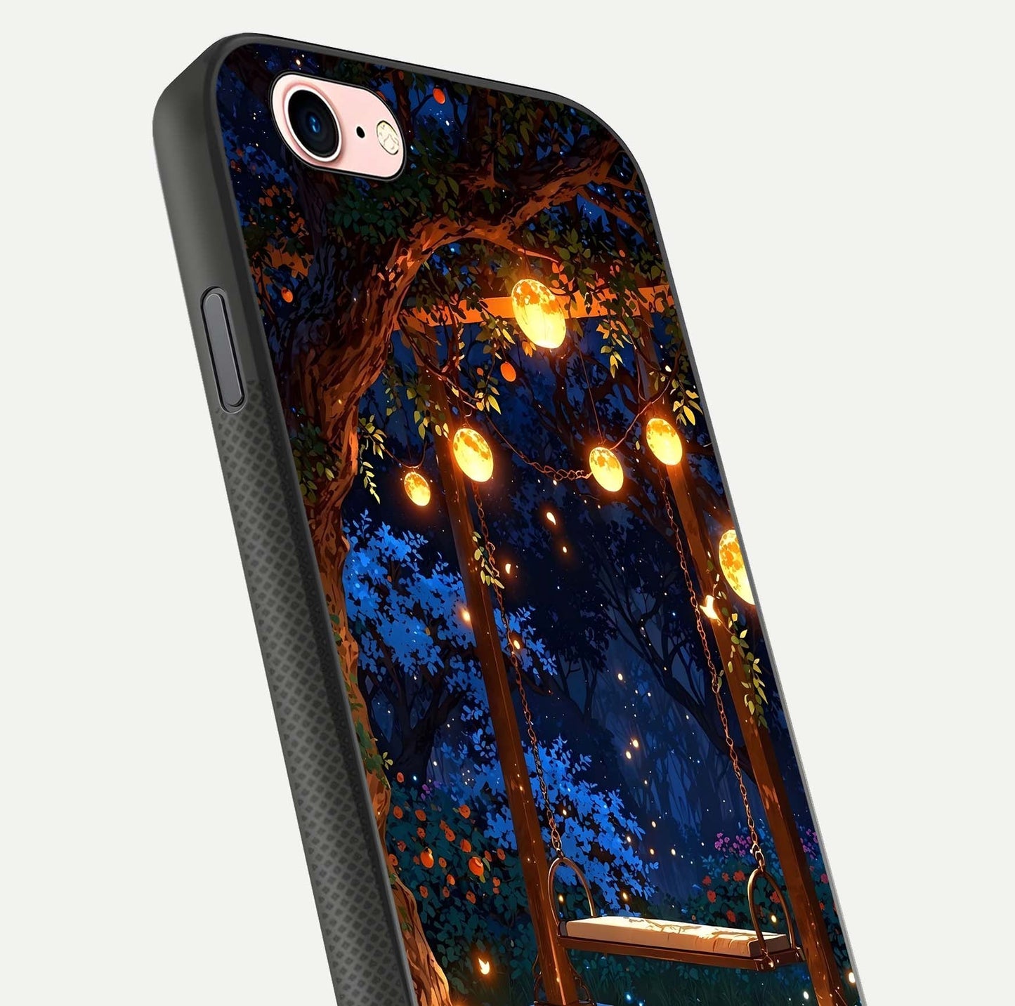 Twilight Garden Swing Glass Case for iPhone 16 Pro close-up angled shot highlighting floral tones and reflection