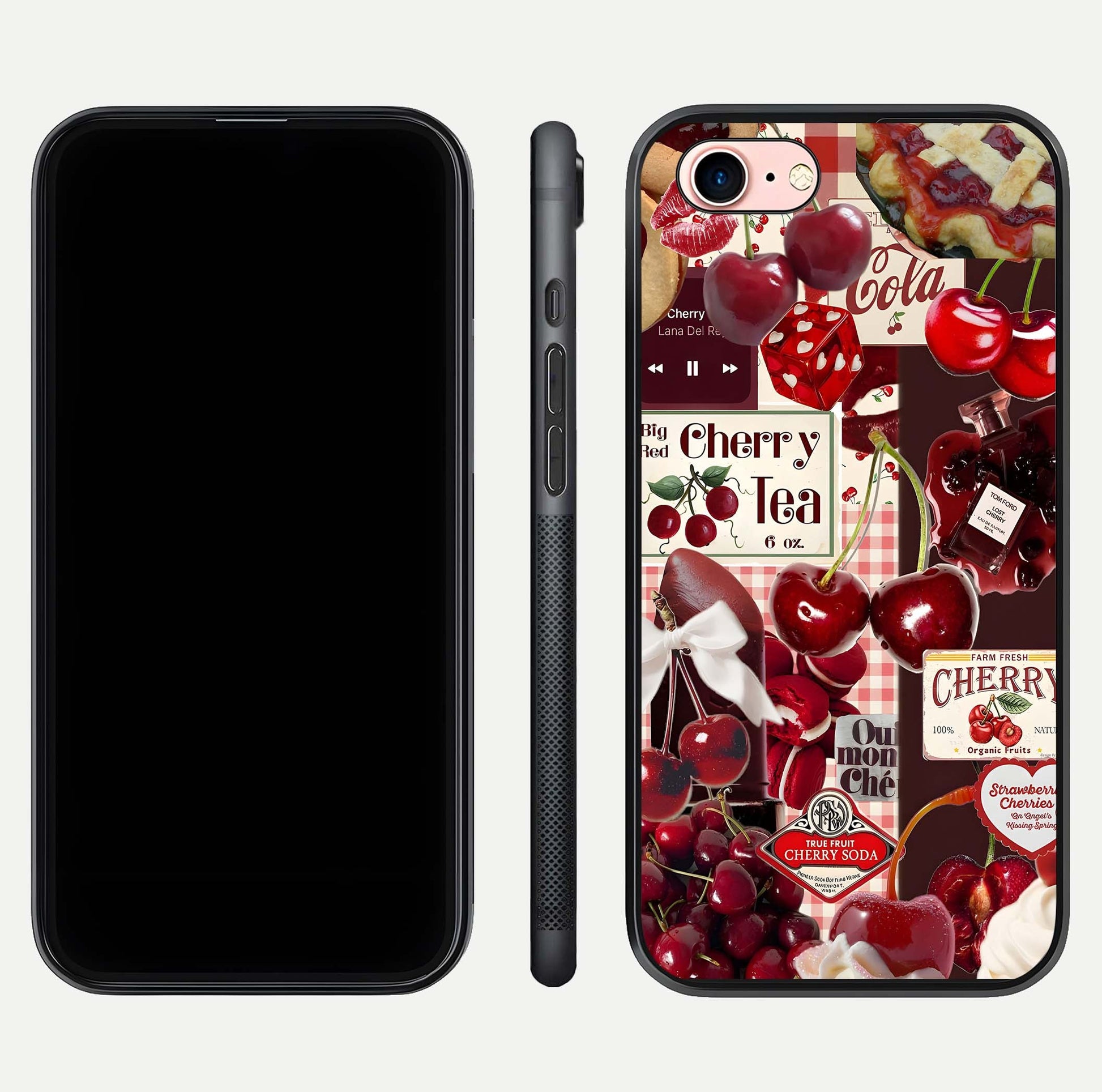 Aesthetic Cherry Tea Glass Case for iPhone 16 Pro front and back view layout showing black front display and artistic cherry-themed glass back