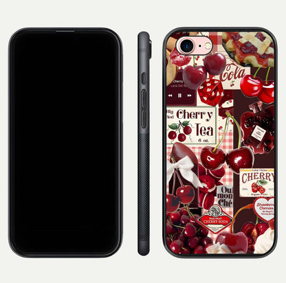 Aesthetic Cherry Tea Glass Case for iPhone 16 Pro front and back view layout showing black front display and artistic cherry-themed glass back