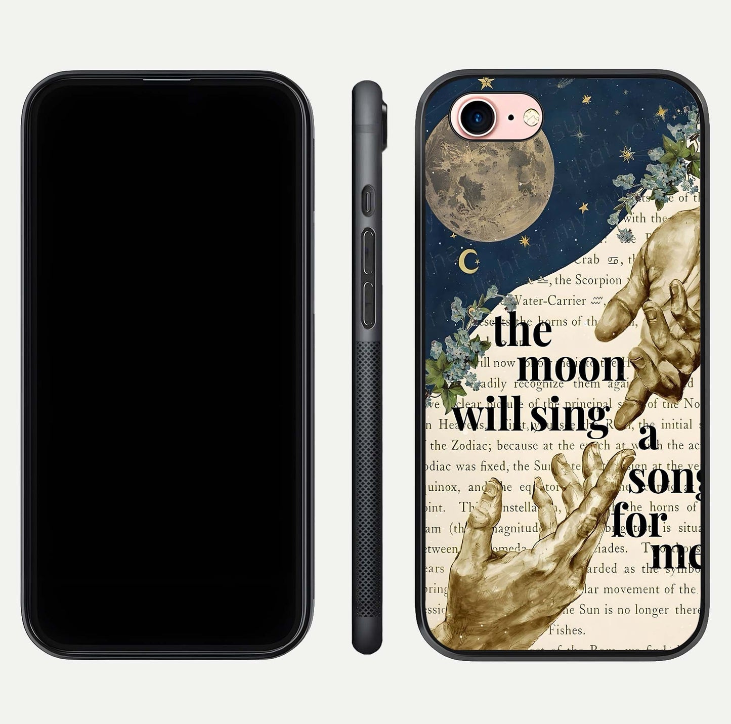 Aesthetic Divine Glass Case for iPhone 16 Pro front and back view layout showing black front display and divine art glass back