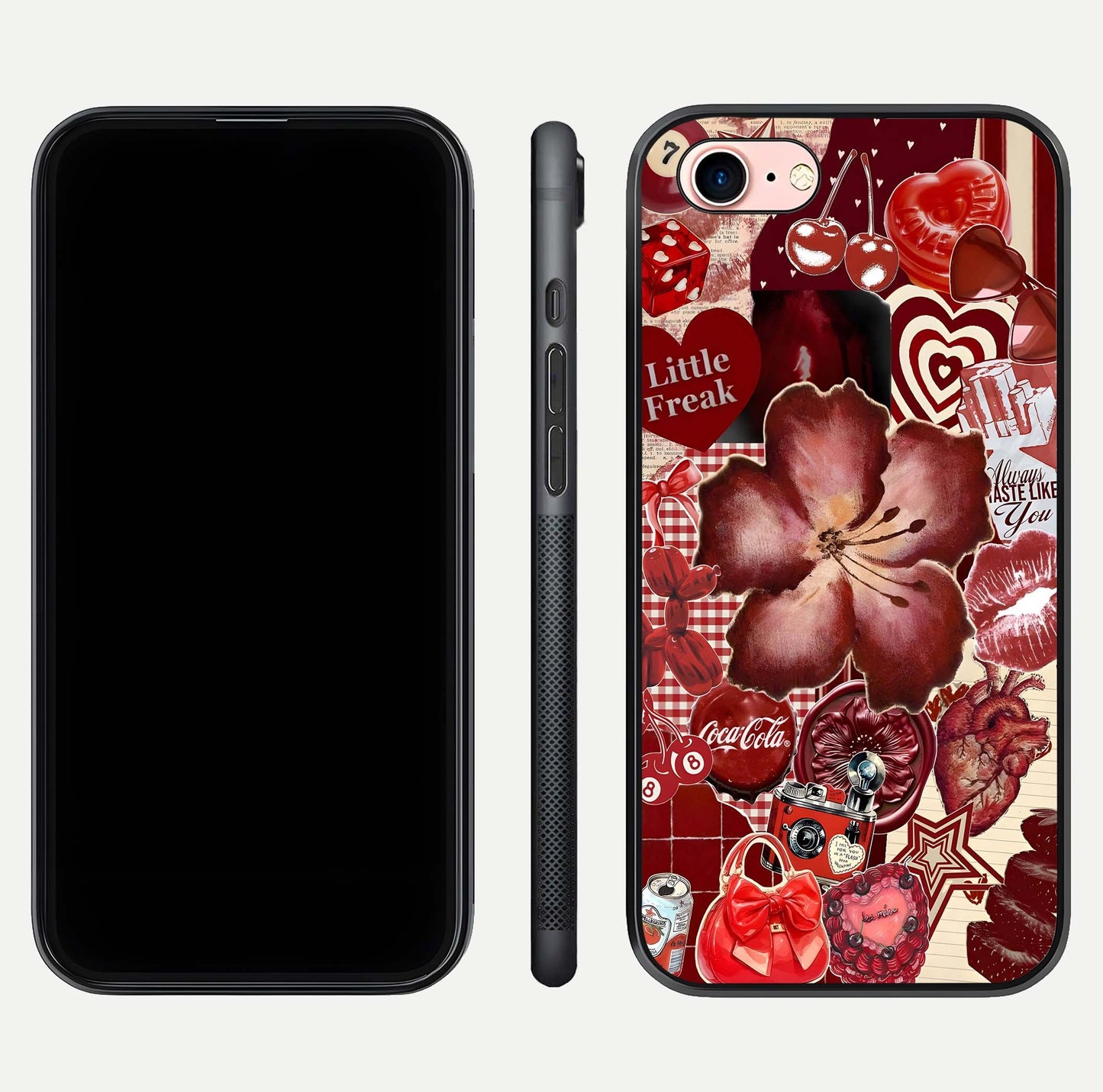 Aesthetic Little Freak Glass Case for iPhone 16 Pro front and back view layout showing black front display and trendy collage glass back