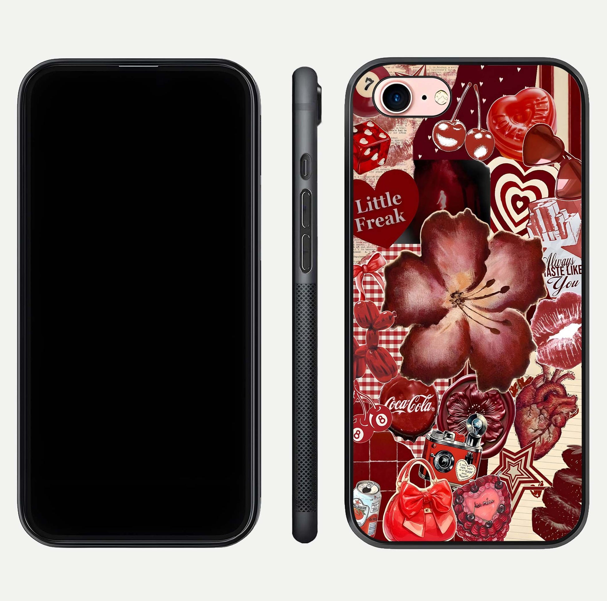 Aesthetic Little Freak Glass Case for iPhone 16 Pro front and back view layout showing black front display and trendy collage glass back