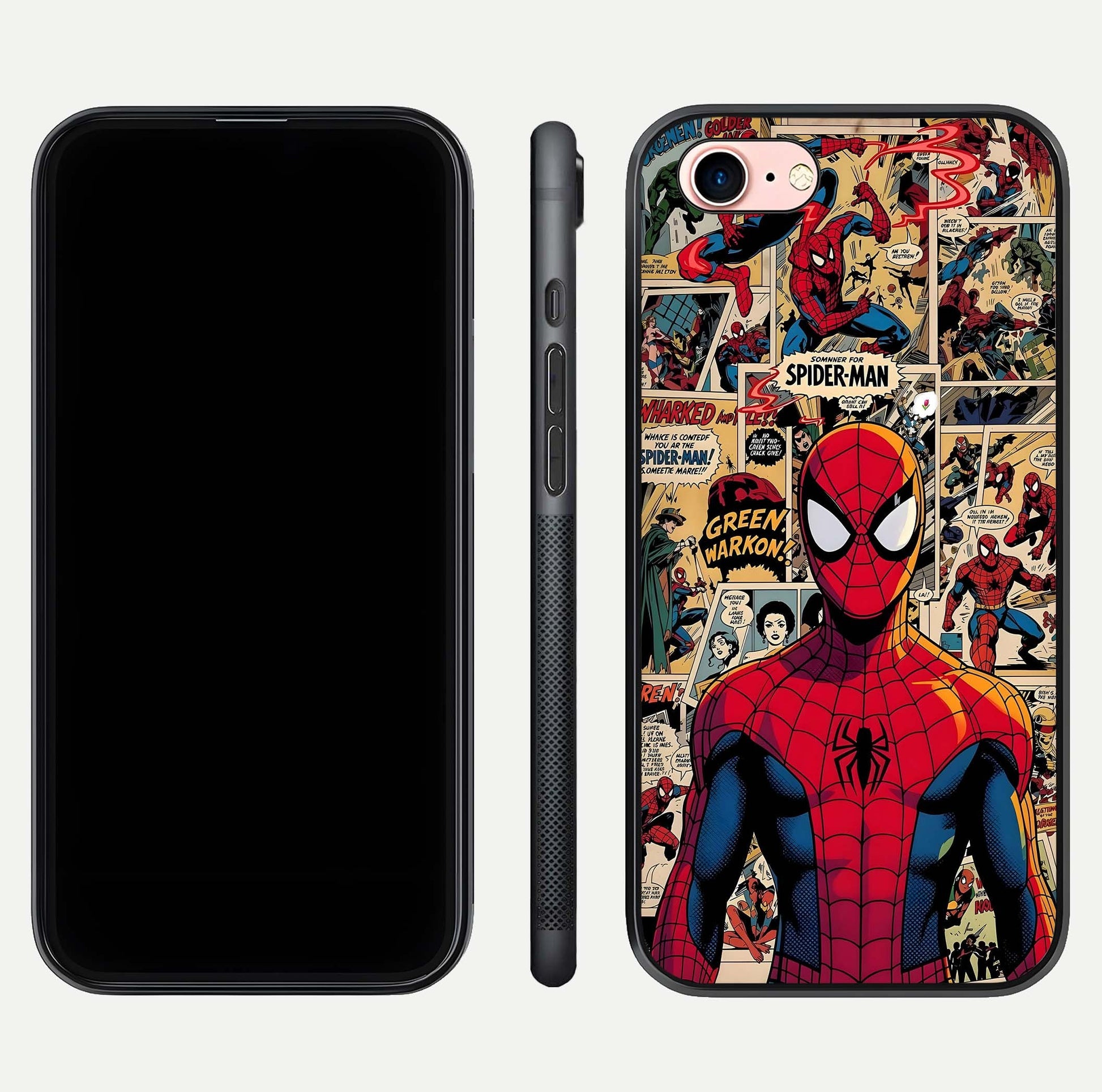 Aesthetic Spider Man Glass Case for iPhone 16 Pro front and back view layout showing black front display and Spider-Man art glass back