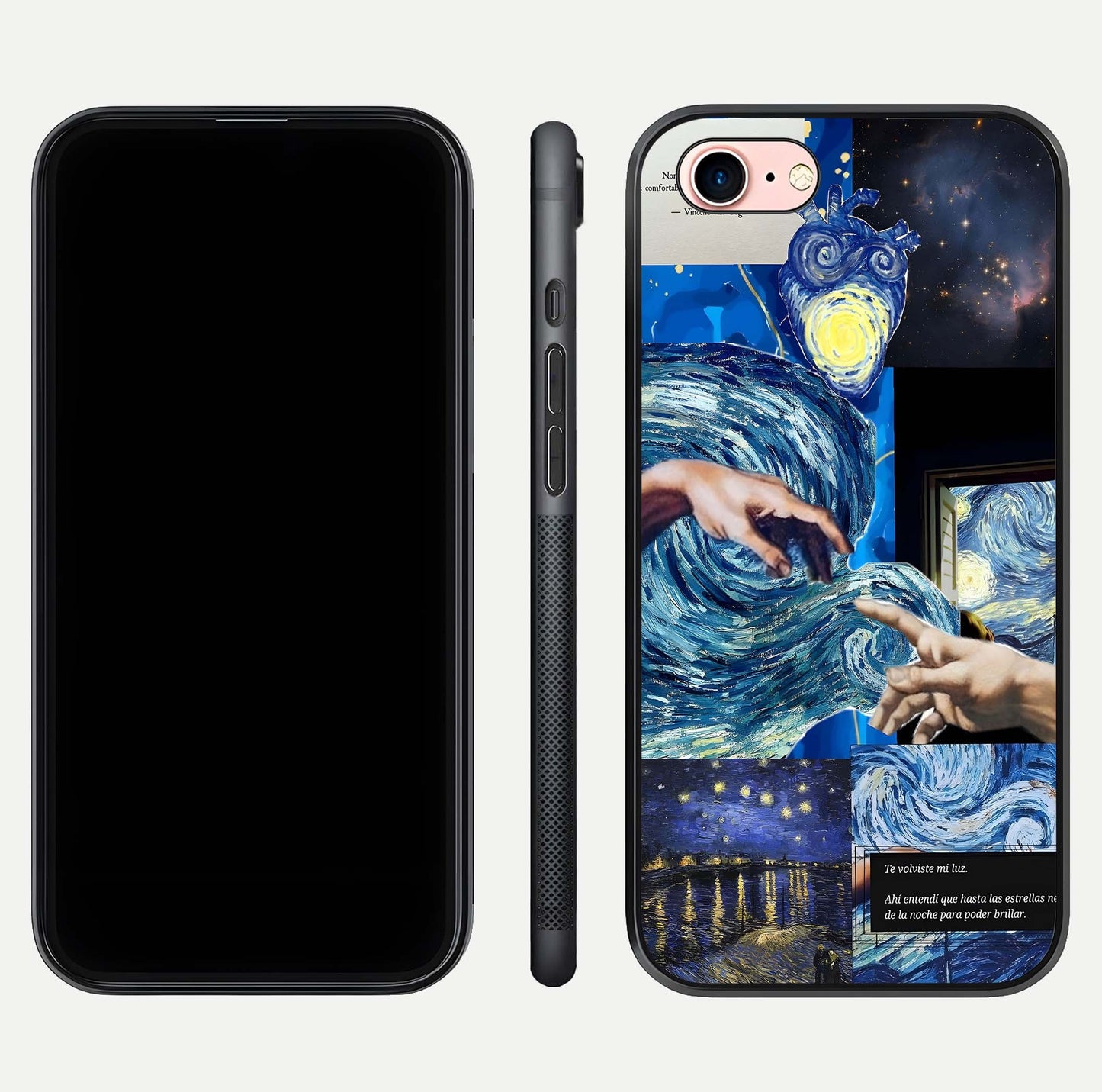 Aesthetic Vando Hands Glass Case for iPhone 16 Pro front and back layout highlighting camera cutout and premium glass shine