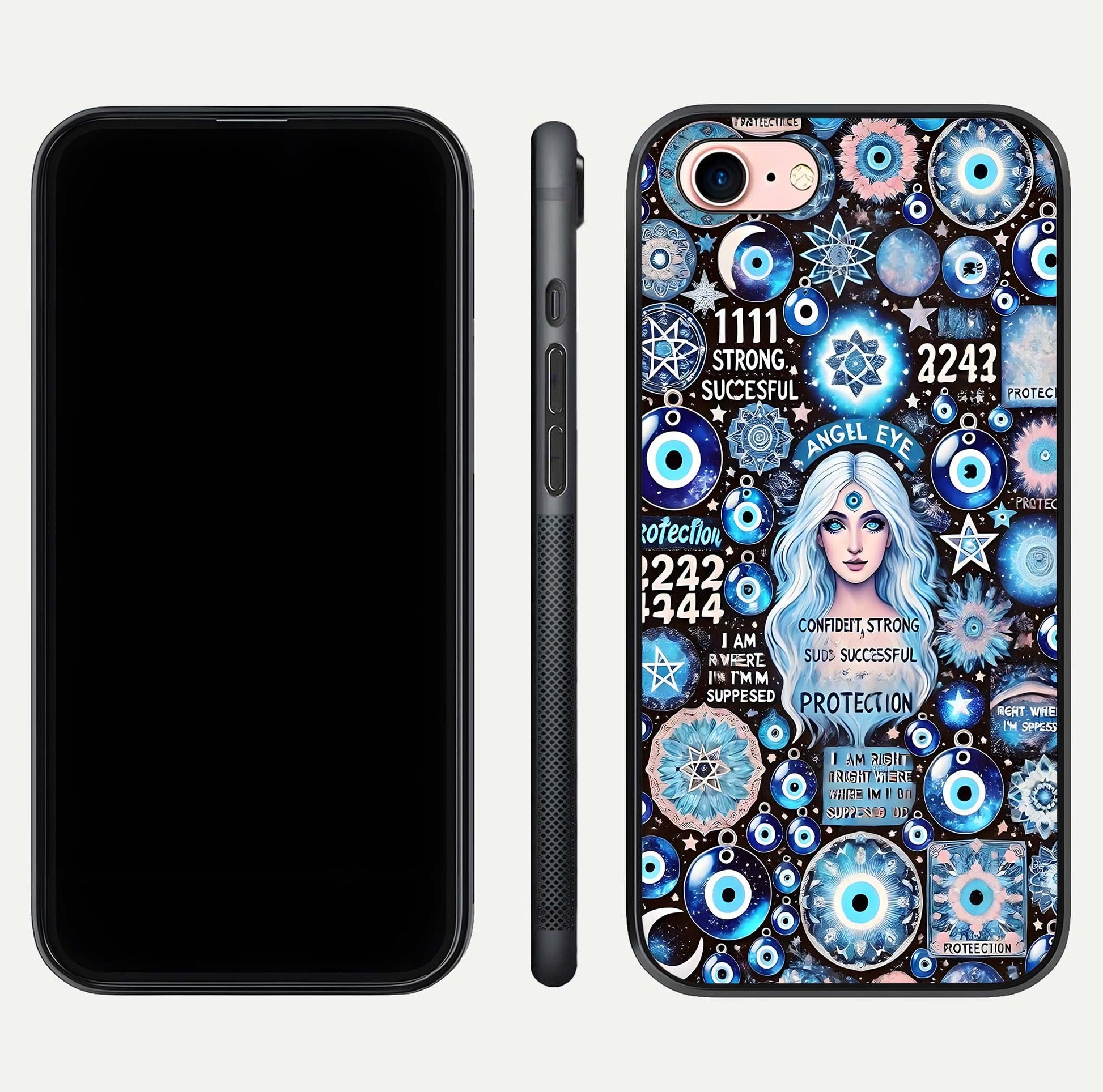 Angel Aura Shield Glass Case for iPhone 16 Pro front and back display highlighting glass clarity and spiritual design