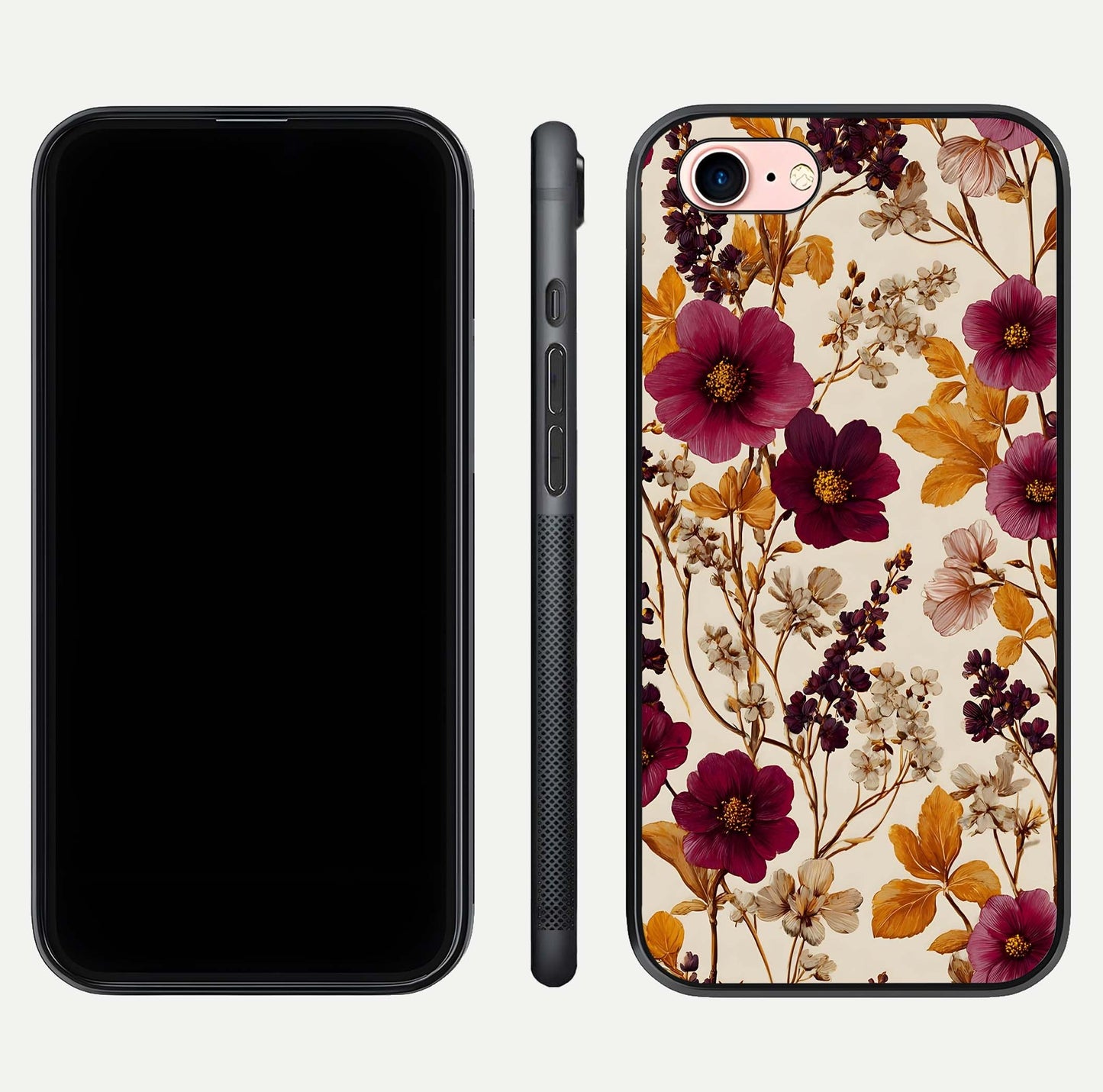 Autumn Wine Bloom Glass Case for iPhone 16 Pro front and back layout showing autumn print and HD glass clarity