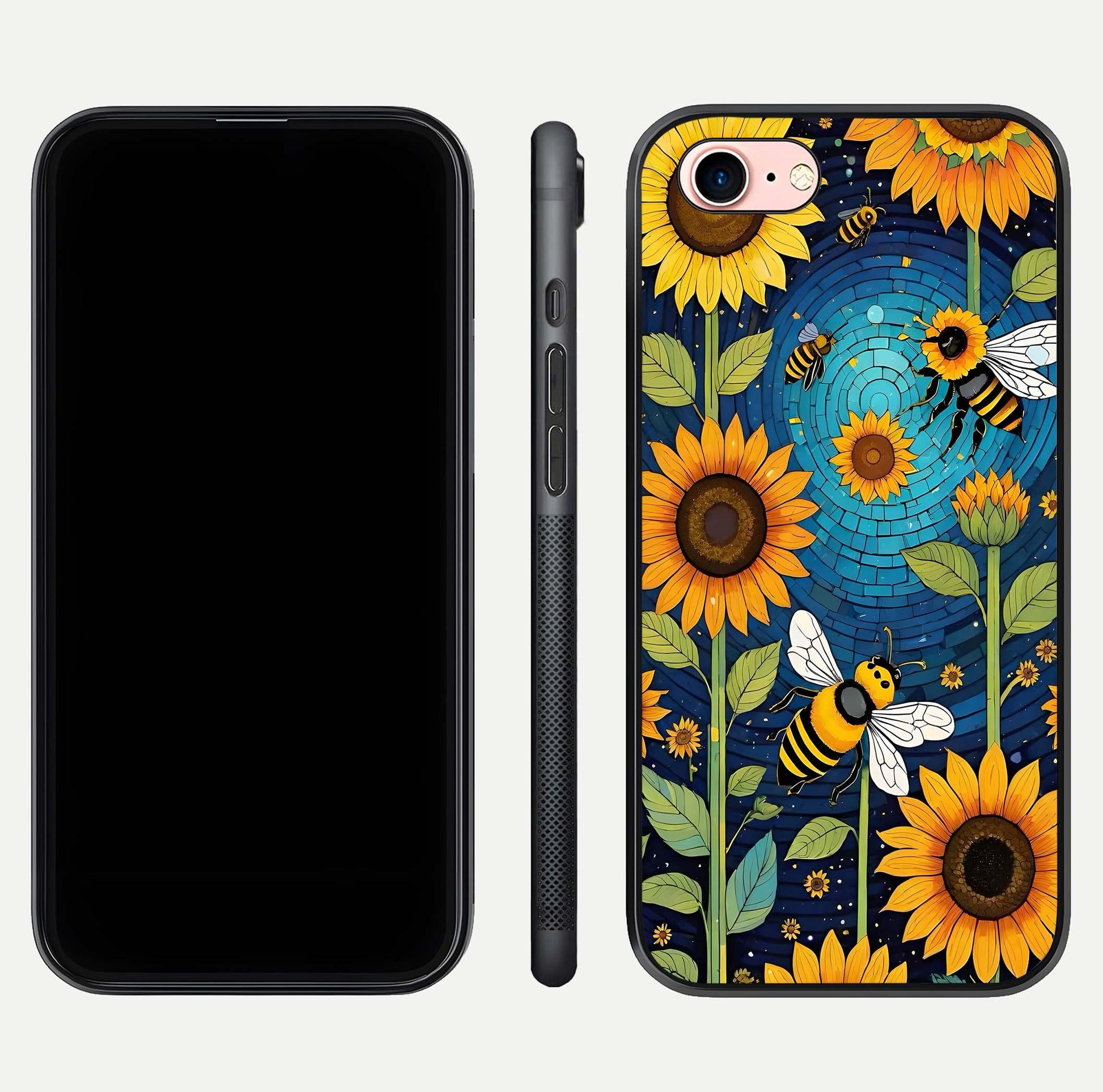 Bees & Sunflowers Glass Case for iPhone 16 Pro front-and-back layout highlighting nature-inspired artwork and protective edge