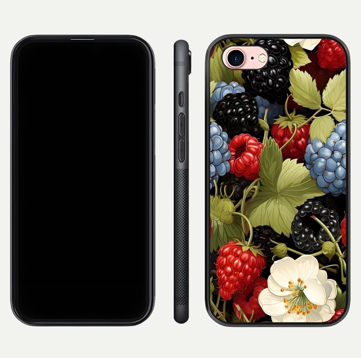 Berry Bloom Charm Glass Case for iPhone 16 Pro front-and-back layout showing floral pattern continuity and smooth glass shine
