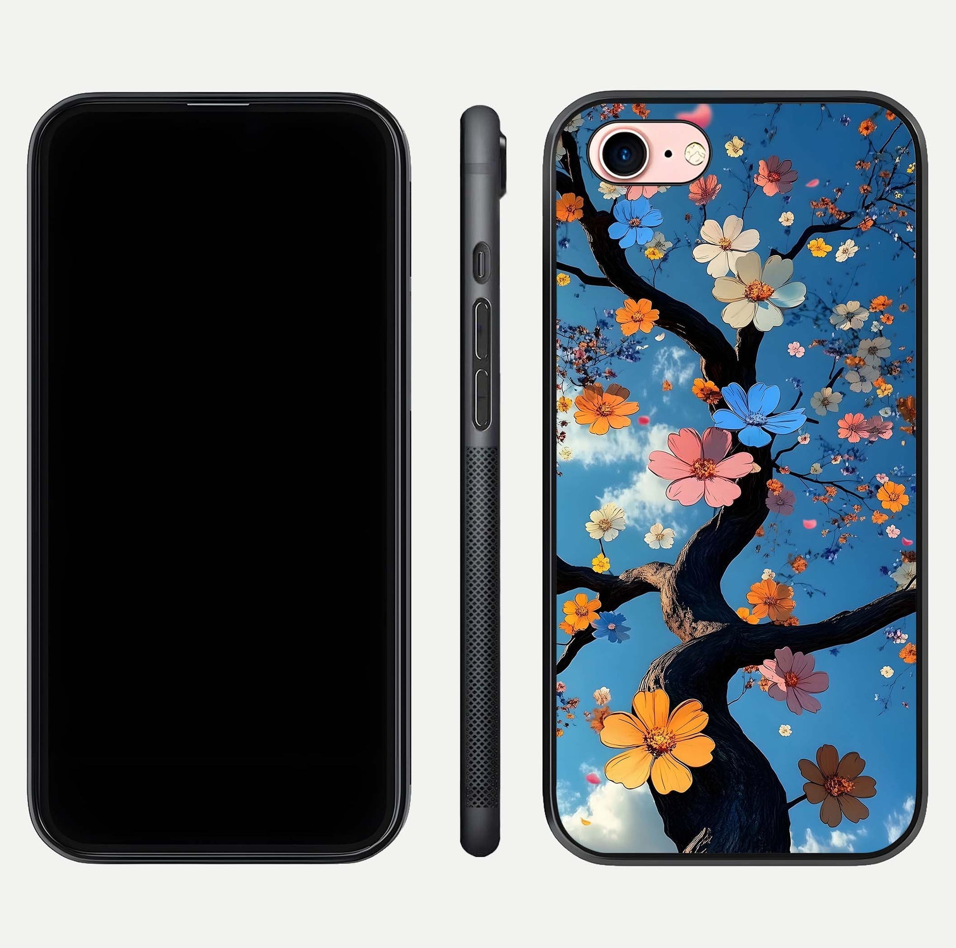Blossom Dream Sky Glass Case for iPhone 16 Pro front-and-back layout showing floral print and premium edge gloss